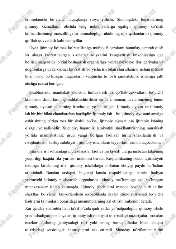 ikkilanishlarini, qayta tahlil qilib ko’rishga, tanqidiy muhokama qilishga va har bir vaziyatni serqirra muammo sifatida ko’rib chiqishga majbur bo’lishlarini ta’kidlaydilar. bu vazifalarni uddalay olish uchun ijtimoiy ishchi keng ma’noda salohiyatli kasb ustasi, madaniyat, jamiyat va ijtimoiy guruhlarning o’zaro munosabati masalalaridan xabardor inson bo’lishi kerak. shu bilan birga ijtimoiy ishchi boshqa maxsus bilimlarga ham ega bo’lishi zarur. ijtimoiy ishchilar faoliyatiga qo’yiladigan umumiy ahloqiy talablar professionalizmni, ya’ni qadriyatlar, bilimning butun bir tizimi bo’lib, amaliyot va ixtisoslikning aniq bir sohasida nimalar ro’y berayotgan bo’lsa, shunga muvofiq ko’nikmalarga egalikni nazarda tutadi. ijtimoiy ishchi oilaviy terapiya usullaridan bemalol foydalana olishi mumkin, lekin u korreksion yoki preventiv, ya’ni krizisning oldini olishga qaratilgan amaliyot bo’yicha tajribaga ega bo’lmasligi mumkin. bundan tashqari professionalizm tarkibi muntazam ravishda ortib borayotgan bilimlar, shakllantirilayotgan ko’nikmalar va amaliyotda o’zgarib borayotgan talablar asosida to’planib rivojlanib boraveradi. vrach kasbiga o’xshagandek, bu yerda ham umumiy tamoyillar va asoslar mavjuddir, lekin u yoki bu sohaga ixtisoslashgan ijtimoiy …
