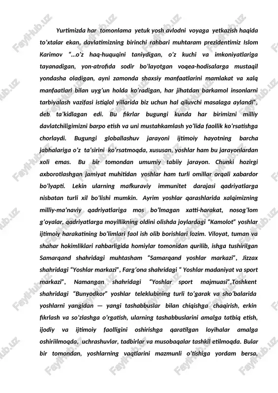 lgan ko’zlari bilan o’z mohiyatiga nazar tashlashga undaydi, insonning o’zi bir butun kichik olam ekanligini uqtiradi. mashoyixlarning “o’zini bilgan avliyo bo’ladi” degan fikrini isbotladi. yurtimizda har tomonlama yetuk yosh avlodni voyaga yetkazish haqida to’xtalar ekan, davlatimizning birinchi rahbari muhtaram prezidentimiz islom karimov “…o’z haq-huquqini taniydigan, o’z kuchi va imkoniyatlariga tayanadigan, yon-atrofida sodir bo’layotgan voqea-hodisalarga mustaqil yondasha oladigan, ayni zamonda shaxsiy manfaatlarini mamlakat va xalq manfaatlari bilan uyg’un holda ko’radigan, har jihatdan barkamol insonlarni tarbiyalash vazifasi istiqlol yillarida biz uchun hal qiluvchi masalaga aylandi”, deb ta’kidlagan edi. bu fikrlar bugungi kunda har birimizni milliy davlatchiligimizni barpo etish va uni mustahkamlash yo’lida faollik ko’rsatishga chorlaydi. bugungi globallashuv jarayoni ijtimoiy hayotning barcha jabhalariga o’z ta’sirini ko’rsatmoqda, xususan, yoshlar ham bu jarayonlardan xoli emas. bu bir tomondan umumiy tabiiy jarayon. chunki hozirgi axborotlashgan jamiyat muhitidan yoshlar ham turli omillar orqali xabardor bo’lyapti. lekin ularning mafkuraviy immunitet darajasi qadriyatlarga nisbatan turli xil bo’lishi mumkin. ayrim …
