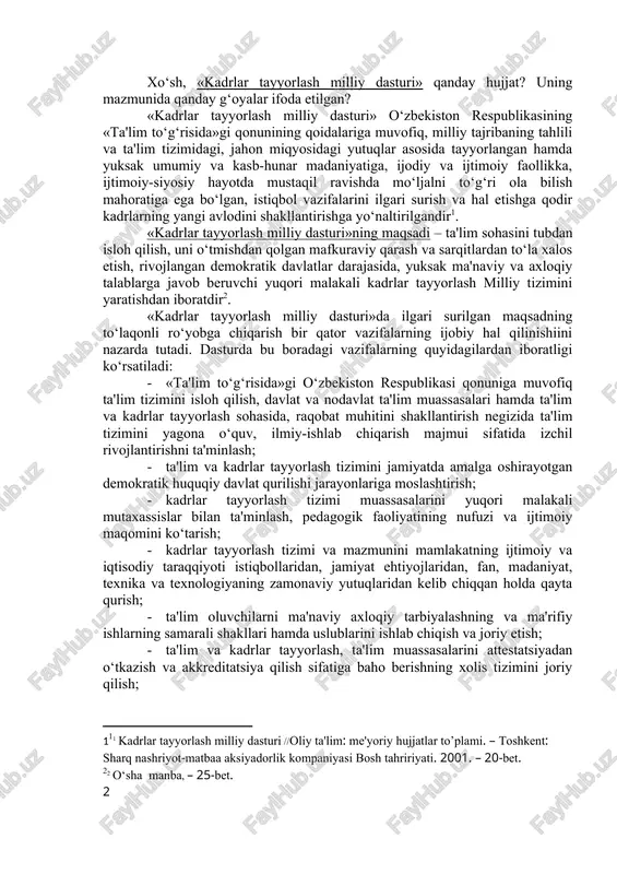 ash tizimiga byudjetdan tashqari mablag‘lar, shu jumladan, chet el investitsiyalari jalb etishning real mexanizmlarini ishlab chiqish va amaliyotga joriy etish; · kadrlar tayyorlash sohasida o‘zaro manfaatli xalqaro hamkorlikni rivojlantirish. milliy dasturning maqsad va vazifalari bosqichma-bosqich amalga oshiriladi. har bir bosqichda muayyan vazifalarning hal etilishi nazarda tutiladi. ushbu vazifalar quyidagilardan iboratdir: birinchi bosqich (1997-2001 yillar) mavjud kadrlar tayyorlash tizimining ijobiy salohiyatini saqlab qolish asosida ushbu tizimni isloh qilish va rivojlantirish uchun huquqiy, kadrlar jihatidan, ilmiy-uslubiy, moliyaviy shart-sharoitlarni yaratish. ikkinchi bosqich (2001-2005 yillar) - milliy dasturni to‘lik ro‘yobga chiqarish, mehnat bozorining rivojlanishi va real ijtimoiy-iqtisodiy sharoitlarni hisobga olgan holda unga aniqliklar kiritish. bu bosqichda, shuningdek, ta'lim muassasalarini maxsus tayyorlangan malakali pedagog kadrlar bilan to‘ldirish ta'minlanadi, ularning faoliyatida raqobatga asoslangan muhit vujudga keltiriladi. «kadrlar tayyorlash milliy dasturi» maqsadini ro‘yobga chiqarishning ikkinchi bosqichda ta'lim muassasalarining moddiy-texnika va axborot bazasini mustahkamlash davom ettiriladi, o‘quv-tarbiya jarayonining yuqori sifatli o‘quv adabiyotlari va ilg‘or pedagogik texnologiyalar bilan ta'minlash, …