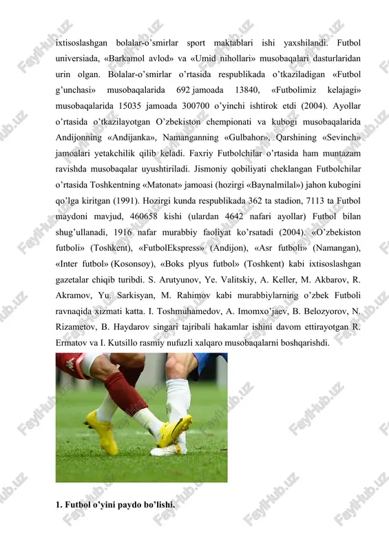 y tarbiyaning eng maqbo’l metodi deb topilib, sport hamda sport o‘yinlari jismoniy rivojlanishining samarali vositasi bo‘lib qolgandan keyin futbol tarixida yangi bosqich boshlandi. oyoqda to‘p o‘ynash birinchi galda ingliz kollejlari hamda universitetlarida yoyildi. x1x asrning ikkinchi yarmidan futbol o‘yinida ochiq oydin ikki yo‘nalish tarkib topadi. ulardan birini london hamda kembrij kollejlari qo‘llab quvatlar edi. bo’lar 1863 yili futbol assotsiatsiyasi tuzadilar va yumaloq to‘pni oyoqda o‘ynashi rasm qilishga qaror qiladilar. 1848 yili kembrij futbol klubi birinchi bor yagona o‘yin qoidalarini joriy qiladi va bu qoidalarni nashr etishga qaror qilinadi. afsuski, ular bosmadan chiqmay yo‘qolib ketadi. bizgacha yetib kelgan qoidalar 1863 yil 8 dekabrda e’lon qilingan. bu qoida 13 banddan iboratdir. hozir biz bilgan futbol ana shunday paydo bo‘lgan. 1863 yilgi qoidalar hozirgi qoidalardan farq qilgan. 1871 yili golkiper (darvozabon ) larga qo‘lda o‘ynash ruxsat berildi. burchakdan to‘pni kiritish 1873 yilda kiritildi. 1875 yili ustunlarni birlashtirib turgan arqon yerdan 2,44 m balandlikda …