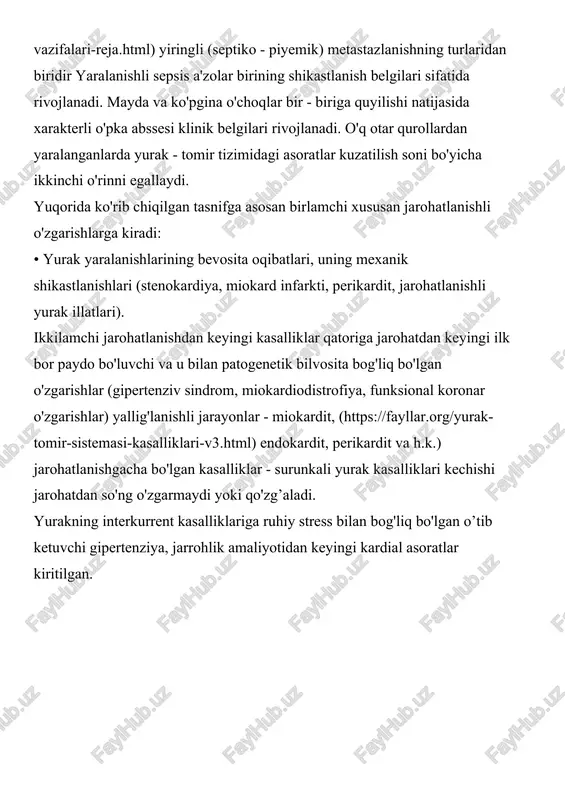 yo'nalishi bo'yicha turlicha bo'ladi; • yaralanish kanali atrofida to'qimaning nekroz o‘chog‘i mavjudligi kuzatiladi; • yaralanishga chegaradosh to'qimalarda oziqlanishni va qon aylanishni buz ilishlari kuzatiladi; • yaralarni har xil mikroorganizmlar va yot jismlar bilan ifloslanishi avjoladi. o’q otar qurollardan yuzaga kelgan yarada albatta anatomik defekt, uningatrofidagi to'qimalarda funksional buzilishlar, (https://fayllar.org/e - univer - a dti - uz - mavzu - genetik - buzilishlar - mutasia - mendel - buzi.html) nekrotik va shikastlanganto'qimalarda keng miqyosdagi bakterial ifloslanishlar yuzaga keladi. o'q otarqurollardan yuzaga kelgan yarada birlamchi yaralanish kanali, kontuziya (shikastlanish) kanali va chayqalish o'choqlari farqlanadi. birlamchi yaralanish kanali (birlamchi yoki doimiy bo’shliq) snaryadning uchish yo'li bo'yicha to'qimalarni parchalanishi, ezilishi, ajralishi natijasida hosilbo'ladi. kanalni yo'nalishi bo'yicha diametri va konturi ha r hil bo'lib, snaryadnio'zini tutishiga va shikastlangan to'qimalar anatomik xarakteristikasiga bog'liq.o'q otar qurollar bilan yaralanganda xususan kanalni o'zi bo'lmasligi mumkin,chunki to'qima defekti yarali detrit va oqqan qon bilan to'lib qolgan bo'la di. yaralanish kanalini …