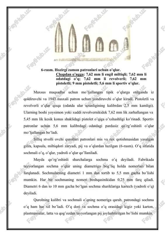 stoletlarning patronlari va ba’zan ovchi miltiqlarida qora yoki tutunli miltiq dori qo’llaniladi (8-rasm). kapsula miltiq dorini alangalanishi uchun xizmat qiladi. u gilzaning tubiga o’rnatilgan mis va rux qotishmasidan tayyorlangan stakanchadan iboratdir. uning ichida maxsus tarkibli, zar qog’oz bilan o’ralgan yaxshilab siqilgan modda bo’ladi. kapsulaga quyidagi tarkib kiradi: 1) tarkibida shaldirovchi qo’rg’oshin yoki qo’rg’oshin stifnati bo’lgan modda; 2) yoqilg’i (odatda antimoniy); 3) oksidlovchi (bertole tuzi yoki boshqa moddalar). a b c d 9-rasm. miltiq dori donachalari: a – vufl markali miltiq dori; b – pistolet uchun viskozali; c – pistolet uchun g’ovak; d – «sokol» markali plastinkasimon miltiq dorilar. otish paytidagi jarohatlovchi faktorlar otishda miltiq zatvorining urg’ich qismi kapsulaga urilib miltiq dori va kapsula tarkibining alangalanishi kuzatiladi. bunday miltiq dorining yonishida ko’p miqdorda gaz paydo bo’ladi. gazning bosimi jangovor qurol stvolining patronida 1000-2800 kgs\sm2 etadi. bu bosim ta’sirida o’q qurol stvoli bo’ylab juda katta tezlik bilan harakatlanadi. 9 mm lik makarov …