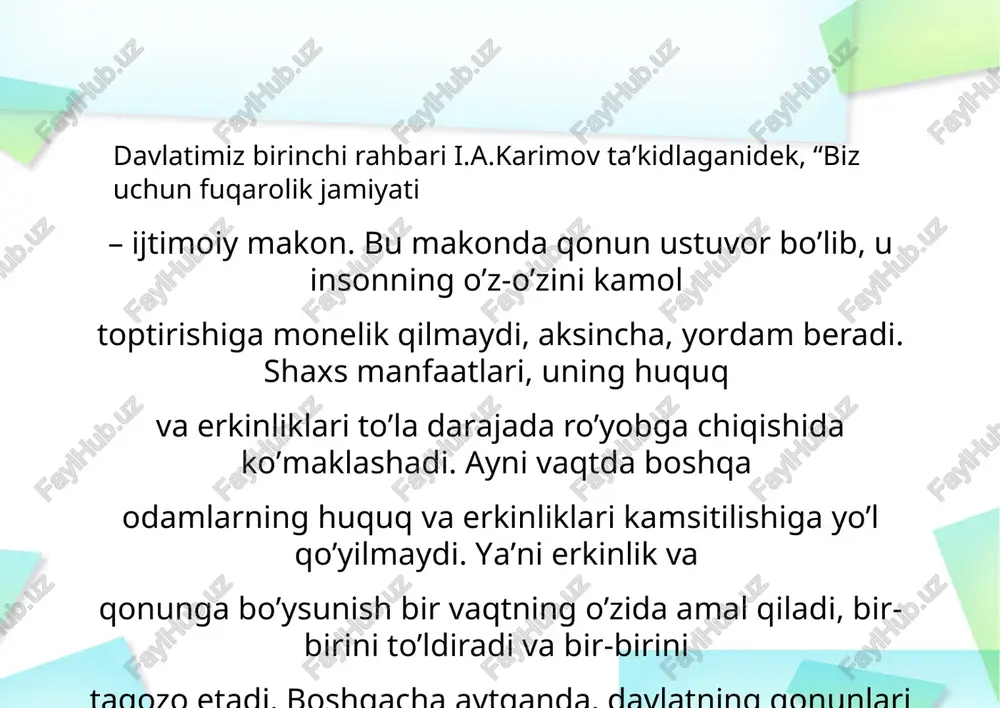 tlarni yaratib berdi va mazkur qonunga 2013 yilda kiritilgan o’zgartirish va qo’shimchalar natijasida ushbu qonunning normalarida fuqarolik jamiyatini muhim asosi bo’lgan fuqarolar o’z-o’zini boshqarish organlari faoliyatini yangi sifat bosqichiga ko’tarilishi uchun yanada keng qamrovli asoslar yaratildi. shu munosabat bilan 2004 yilda qabul qilingan “fuqarolar yig’ini raisi (oqsoqoli) va uning maslahatchilari saylovi to’g’risida”gi qonun ham 2013 yilda kiritilgan o’zgartirish va qo’shimchalarnatijasida fuqarolik jamiyatining tayanchi bo’lgan mahallaning tashkiliy – huquqiy asoslarini mustahkamlanishiga zamin bo’ldi. shu jumladan, taraqqiyotning “o’zbek modeli” tamoyillariga to’liq asoslangan holda fuqarolik jamiyati amal qilishi va rivojlanishining muhim omillari bo’lgan jamoat tashkilotlari faoliyatining huquqiy asoslarini yaratishga ham katta ahamiyat berildi. jumladan, 1999 yilda o’zbekiston respublikasining “nodavlat - notijorat tashkilotlari to’g’risida”gi qonuni, 2003 yilda “jamoat fondlari to’g’risida”gi qonuni, 2007 yilda “homiylik to’g’risida”gi qonuni shuningdek, “nodavlat-notijorat tashkilotlari faoliyatining kafolatlari to’g’risida”gi qonunlarining qabul qilinishi mamlakatimizda fuqarolik jamiyatini shakllanish jarayonlariga ulkan kuch bag’ishladi. mamlakatimizda bozor munosabatlariga asoslangan iqtisodiyotni yanada liberallashtirish va modernizatsiya qilish jarayonlarining …
