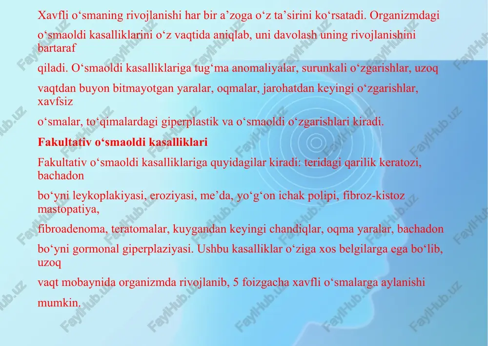dan cho‘chib, tashxisi salbiy chiqishidan qo‘rqishi, bir necha oy mobaynida vrachga emas, aksincha tabibga murojaat qilishi o‘smaning rivojlanib ketishiga, dastlabki bosqichdan keyingi bosqichga o‘tishini tezlashtiradi (i bosqichdan iii-iv bosqichgacha). shuning uchun har bir inson organizmida yuqoridagi simptomlar paydo bo‘lishi bilan darhol umumiy amaliyot shifokori, keyin esa onkolog ko‘rigi va maslahatiga borishi kerak. agar bemor o‘z vaqtida shifokorga murojaat qilsa va davolovchi-vrach klinik simptomlarni to‘g‘ri talqin qilsa, yuqorida ko‘rsatilgan kasalliklarning 70 foiziga dastlabki (i-ii bosqichda) rivojlanish davrida to‘g‘ri tashxis qo‘yish mumkin va ular to‘g‘ri davolansa, 90 foiziga 5 yillik ko‘rsatkichga erishish mumkin. ichki a’zolarda joylashgan xavfli o‘smalarda klinik simptomlar ko‘pincha o‘tib ketgan bosqichda namoyon bo‘ladi. bemorda o‘z-o‘zidan ozib ketish, og‘riq paydo bo‘lishi, ishtaha bo‘g‘ilishi, ko‘ngil aynashi, qayt qilish, ich ketishi yoki qotishi, ichakdan patologik ajralmalarning ketishi (qon, shilimshiq, hidli ajralma, ichning qora kelishi, axlatda yoki siydikda qon paydo bo‘lishi, qayt qilganda qon bo‘lishi, yo‘talganda balg‘am bilan qon ketishi, qorin yoki ko‘krak …