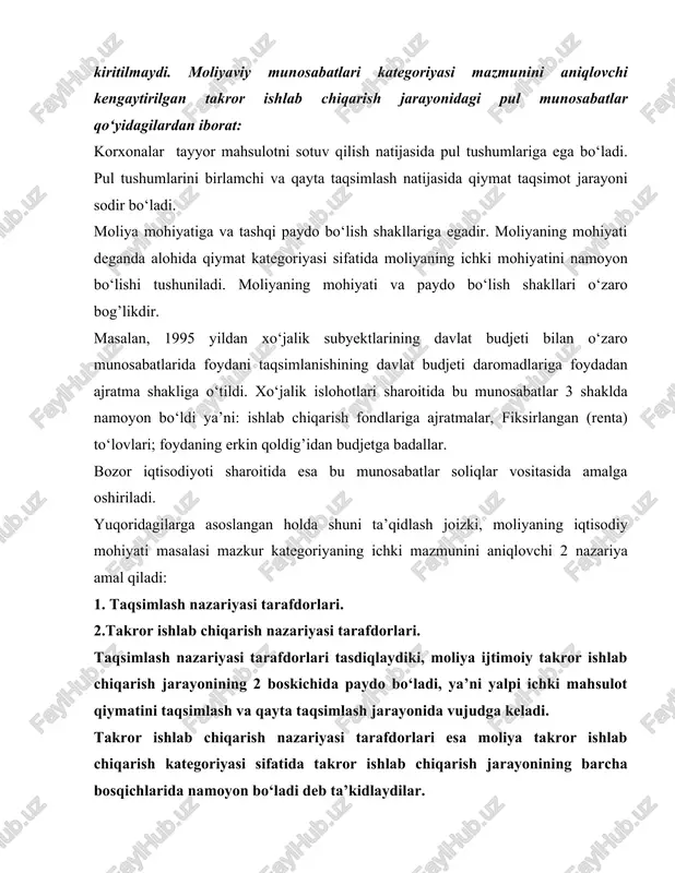 yatining konkret shaklini namoyon bo‘lish jarayonidir. moliyaning funksiyalari yuzasidan iqtisodchi olimlarning o‘rtasida qatori bahsli holatlar mavjud. bir qator taniqli moliyachilar moliyaning 3ta funksiyasi mavjudligini e’tirof etishadi. a.m. birman moliyaning qo‘yidagi funksiyalari mavjudligini e’tirof etadi: 1. xo‘jalik yuritish jarayonini pul mablag’lari bilan ta’minlash; 2. nazorat 3. taqsimlash. 1. a.m. aleksandrov va e.a. voznesenskiy tasdiqlaydiki moliya quyidagi funksiyalarni bajaradi: 2. pul fondlarini shakllantirish. 3. shakllantirilgan pul fondlaridan foydalanish 4. nazorat. i.t. balabanovning fikriga ko‘ra bozor iqtisodiyoti sharoitida moliyaning taqsimlash funksiyasi o‘zining mazmunini yukotadi. iqtisodchi v.m. rodionovaning fikriga ko‘ra moliya taqsimlash va nazorat funksiyalarni bajaradi. hozirgi sharoitda o‘zbekistonlik iqtisodchi olimlar moliyaning taqsimlash va nazorat qilish funksiyalarini bajarishini e’tirof etishadi. iqtisodiy subyektlarning asosiy manfati foyda olish hisoblanadi. foyda markazlashtirilmagan pul fondlarining asosiy moliyaviy manbai hisoblanadi. bozor iqtisodiyoti sharoitida mulkchilikning ko‘p ukladli shakllarini paydo bo‘lishi va bozor iqtisodiyotining amal qilishi to‘liq iqtisodiy mustaqillikni ta’minlovchi demokratik tizimni shakllantirishni obyektiv zarur qilib kuyadi. bunday sharoitda iqtisodiy subyektlar …