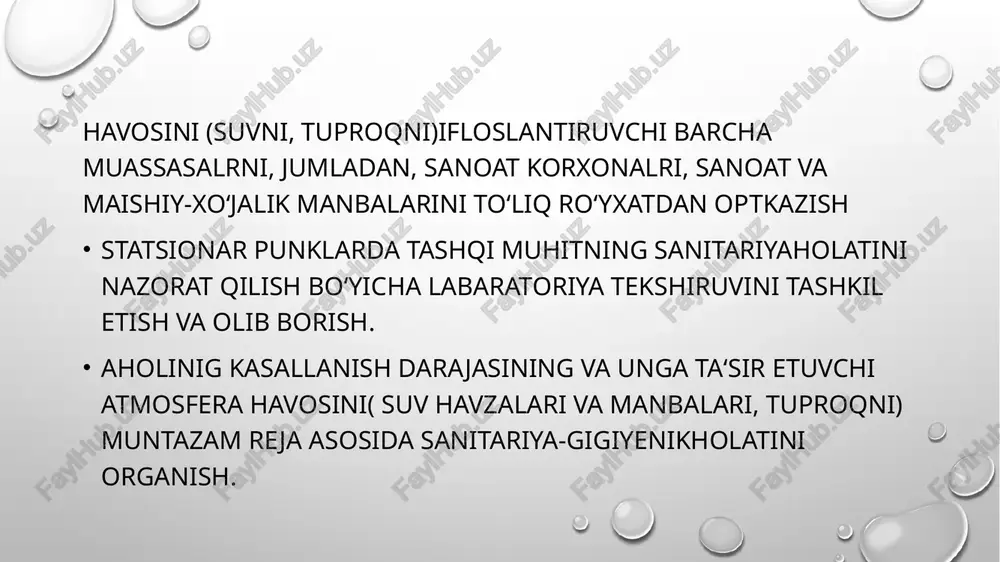 a holati bilan bog‘liq bo‘lgan masalalarni o‘zbekiston respublikasi vazirlar mahkamasisning qoshidagi favqulodda epidemiyaga qarshi komissiyada ko‘rish uchun masalalar kiritish. foydalanilgan adabiyotlar aholinig sanitariya-epidemiologik osoyishtaligi to‘g‘rididagi qonuni, t2015 b.a duschanov, sh.t iskandarov”umumiy gigiyena “, darslik. t2008.-476b. l.a ponomareva, v.v.inogamova , f.i.salamov “ratsional gijiyena” o‘quv qollanma. t.2014.- 158b. image3.png image4.png image5.jpeg image6.jpeg image7.jpeg image8.jpeg image9.jpeg image10.jpeg image1.png /docprops/thumbnail.jpeg