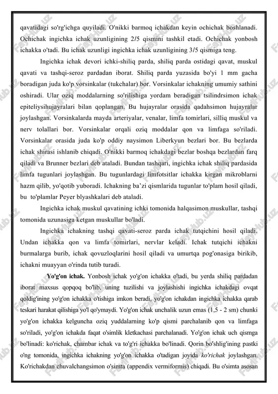 gan va burma-burma bo'lib yig'ilgan. bu pardada me’da shirasi ishlab chiqadigan juda ko'p naysimon bezlar bor. ular asosiy va qoplovchi hujayralardan tuzilgan bo'lib, asosiy hujayralar shira tarkibidagi fermentlarni, qoplovchi hujayralar xlorid kislota ishlab chiqaradi. me’da tubidagi bezlarda aytib o'tilgan hujayralardan tashqari, qo'shimcha hujayralar ham uchraydi. ular shiliq modda ishlab chiqaradi. me’daning pilorus qismidagi bezlarda qoplovchi hujayralar bo'lmaydi. shu sababli pilorus qismidagi xlorid kislota ishlanib chiqmaydi. me’daning muskul qatlami yaxshi rivojlangan bo'lib, uch qavat (tashqi, o'rta va ichki qavat) silliq muskul tolalaridan tuzilgan. muskul tolalari har tomonga qarab yo'nalgan. masalan, tashqi qavat tolalari uzunasiga, o'rta qavat tolalari xalqasimon (tsirkulyar), ichki qavat tolalalri pilorik jom (qisqich) hosil qiladi. muskullar qisqarib, jom qisilishi natijasida me’dadan chiqish teshigi yopiladi. pilorik jom ro'parasida shiliq parda burma hosil qiladi. bu burma pilorus qopqog'i deb ataladi. me’daning tashqi qavati-seroz parda qorin pardasidan iborat bo'lib,me’dani har tomondan o'rab turadi. me’daning kichik va katta egriligi ro'parasida seroz parda oldingi …