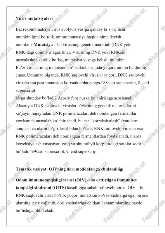 lishini muayyan bir virusga qarshi preparat va teskari transkriptaza ingibitori misolida koʻrib chiqamiz. quyidagi rasmda nevirapin molekulasi kabi teskari transkriptaza ingibitorlari tasvirlangan, u teskari transkriptaza deb nomlangan (qizil-jigarrang strukturali) virus fermentiga bogʻlangan. preparat fermentga oivning rnk genomini dnkga nusxalash vazifasini bajarishiga imkon bermaydi. agar ushbu ferment faol boʻlmasa, oiv virusi hujayrani doimiy ravishda zararlay olmaydi.^{11}11start superscript, 11, end superscript oivning teskari transkriptaza fermenti va unga bogʻlangan nevirapinning “shar va tayoqcha” molekulyar modeli. david s. goodsell, rcsb pdb molecule of the month, cc by 4.0ʼga tegishli “exploring the structure” nomli grafik material oʻzgartirib olindi. koʻpgina oiv viruslarini nevirapin toʻxtatadi. ammo teskari transkriptaza uchun gendagi mutatsiyalar oiv populyatsiyasida viruslarning juda oz qismini (tasodifan) dorilarga chidamli qiladi. masalan, ular genetik oʻzgarishga uchrashi natijasida fermentning preparat bogʻlanadigan qismi oʻzgarishi mumkin, shunda preparat ferment faolligini ushlab turolmaydi va ingibirlay olmaydi. ushbu chidamlilik natijasida mutatsiyaga ega boʻlgan viruslar preparat mavjud boʻlishiga qaramay koʻpayadi va avloddan avlodga …