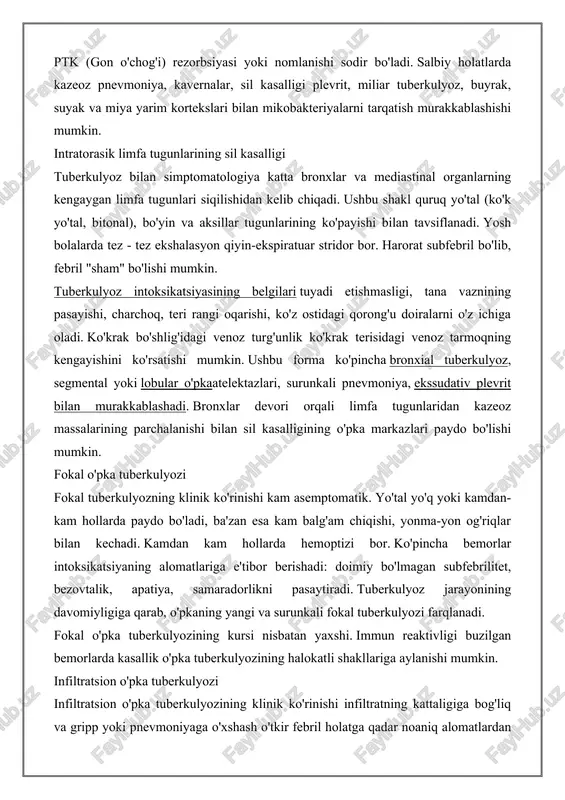 rkulyoz intoksikatsiyasining belgilari tuyadi etishmasligi, tana vaznining pasayishi, charchoq, teri rangi oqarishi, ko'z ostidagi qorong'u doiralarni o'z ichiga oladi. ko'krak bo'shlig'idagi venoz turg'unlik ko'krak terisidagi venoz tarmoqning kengayishini ko'rsatishi mumkin. ushbu forma ko'pincha bronxial tuberkulyoz, segmental yoki lobular o'pkaatelektazlari, surunkali pnevmoniya, ekssudativ plevrit bilan murakkablashadi. bronxlar devori orqali limfa tugunlaridan kazeoz massalarining parchalanishi bilan sil kasalligining o'pka markazlari paydo bo'lishi mumkin. fokal o'pka tuberkulyozi fokal tuberkulyozning klinik ko'rinishi kam asemptomatik. yo'tal yo'q yoki kamdan-kam hollarda paydo bo'ladi, ba'zan esa kam balg'am chiqishi, yonma-yon og'riqlar bilan kechadi. kamdan kam hollarda hemoptizi bor. ko'pincha bemorlar intoksikatsiyaning alomatlariga e'tibor berishadi: doimiy bo'lmagan subfebrilitet, bezovtalik, apatiya, samaradorlikni pasaytiradi. tuberkulyoz jarayonining davomiyligiga qarab, o'pkaning yangi va surunkali fokal tuberkulyozi farqlanadi. fokal o'pka tuberkulyozining kursi nisbatan yaxshi. immun reaktivligi buzilgan bemorlarda kasallik o'pka tuberkulyozining halokatli shakllariga aylanishi mumkin. infiltratsion o'pka tuberkulyozi infiltratsion o'pka tuberkulyozining klinik ko'rinishi infiltratning kattaligiga bog'liq va gripp yoki pnevmoniyaga o'xshash o'tkir febril …