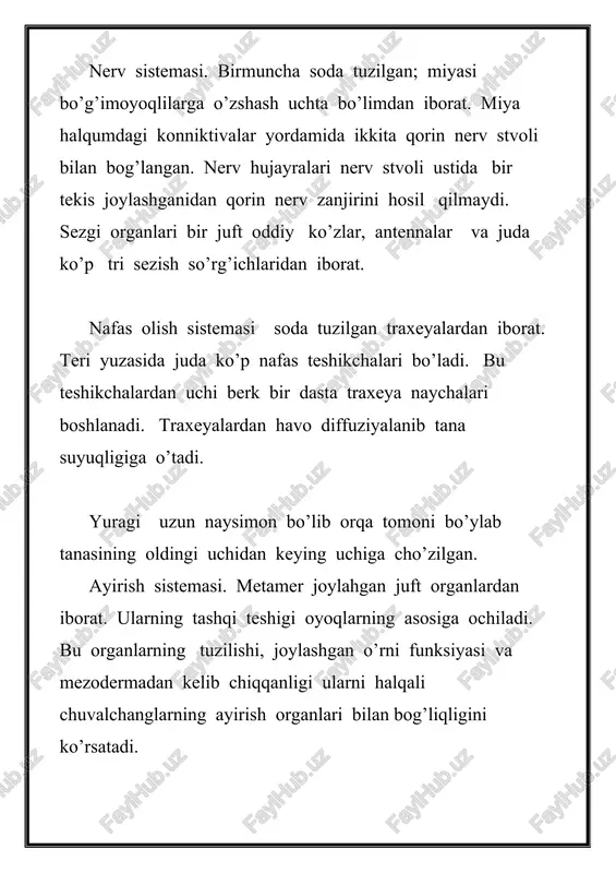 h bo’ladi. tanasini bir xil tuzilgan haqarada ibora bo’lishi, oyoqlarini parapodiylarga ox’xshashligi va ayirish organlarining tuzilishi ularni ko’ptuklilarga yaqinligini ko’rsatadi. shuning bilan birga bir qator belgilari xususan miksotselning bo’lishi, oyoqlarining og’iz organlariga aylanishi, yuragi traxeyalari, miyasining uch bo’limdan iboratligi ularni bo’g’imoyoqlilar bilan yaqinlashtiradi. imillab yuruvchilar(tardigrada) tipi umumiy tavsifi. immillab yuruvchilar (tardigratap) yoki tardigradalar nihoyatda kichik ko’p hujayrali hayvonlar bo’lib, tardigradalar 4 juft porapoda – oyoqlari bo’lib, mayda immillab yuruvchi sichqonchaga o’xshaydi. gavdasining uzunligi 100 – 150 mkm bo’lib, eng gigantlari uzunligi 1,5 mm keladi. yashirin hayot kechiradi. boshqa taksonlar bilan evalutsion aloqasi noma’lum. aniq dalillar hozirgi kunda bo’lmasada, ularni fanga og’ir oyoqlilarga yaqin qoyish mumkin. hozirgi paytda tardigidratlarni 800 ga yaqin turi uchrab, dengiz,chuchuk suvlarda va o’ta nam tuproqlarda tarqalgan.yaponiyada 1 ta turi qaynoq bulaqlardan topilgan.tashqi va ichki organlari tuzilishi bo’g’im oyoqlilar tipik belgilarini namoyon etadi. tardigidratlar- monofilitik takson (o’zigz xoslik) bo’lib ularni boshqa taksonlar bilan aloqasi hamon t ortishuvlarga …