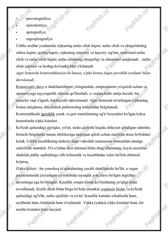 idagi og'riqlar, yo'tal, nafas qisilishi haqida shikoyat qiladigan odamlar, birinchi belgilarda tuman shifokoriga murojaat qilish uchun etarlicha dono bo'lishlari kerak. ushbu kasallikning tashxisi faqat vakolatli mutaxassis tomonidan amalga oshirilishi mumkin. o'z-o'zidan dori-darmon bilan shug'ullanmang, keyin asoratlar shaklida jiddiy oqibatlarga olib kelmaslik va kasallikdan xalos bo'lish ehtimoli ko'proq. o'pka kistasi - bu yumshoq to'qimalarning yaxshi shakllanishi bo'lib, u organ parenximasida joylashgan va tarkibida suyuqlik yoki havo bo'lgan ingichka devorlarga ega bo'shliqdir. kasallik yorqin klinik ko'rinishning yo'qligi bilan tavsiflanadi. kistik shish bilan birga bo'lishi mumkin yoqimsiz hislar va ko'krak qafasidagi og'irlik, nafas qisilishi va yo'tal. kasallik kattalar erkaklarda ham, ayollarda ham, bolalarda ham rivojlanadi. yakka (yakka) o'pka kistalari ham, bir nechta kistalari ham mavjud. agar bir nechta neoplazmalar mavjud bo'lsa yoki ko'p kamerali kist aniqlansa, u holda kasallik polikistik o'pka kasalligi deb ataladi. patologiya kapsulalarning yorilishi va mikroorganizmlar tomonidan infektsiya kabi asoratlar bilan birga bo'lishi mumkin. ushbu sohada olib borilgan tadqiqotlar barcha …