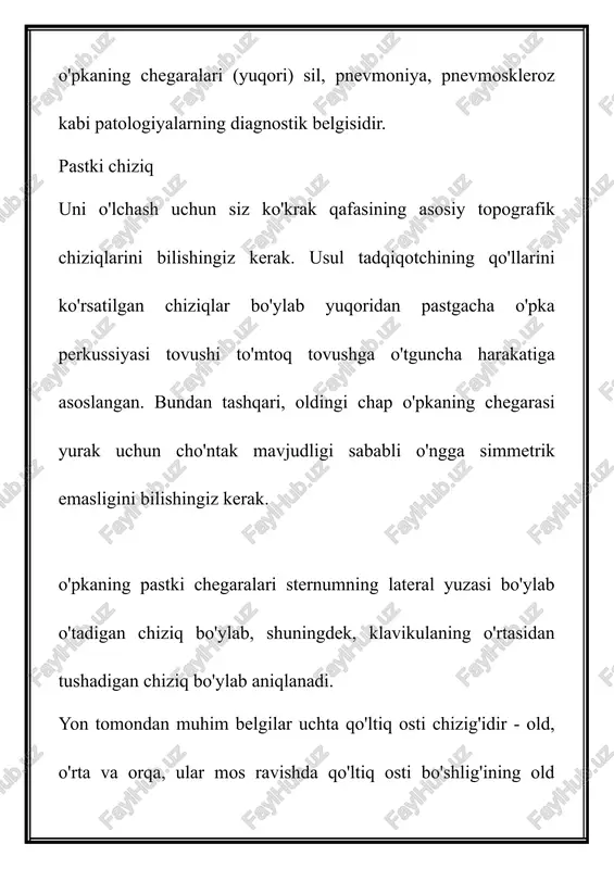 irinchidan, pastki chegaraning pozitsiyasi aniqlanadi va teriga belgi qo'yiladi (siz qalamdan foydalanishingiz mumkin).keyin bemorga chuqur nafas olish va nafasini ushlab turish so'raladi, shundan so'ng pastki chegara yana topiladi va belgi qo'yiladi. va nihoyat, o'pkaning pozitsiyasi maksimal ekshalasyonda aniqlanadi. endi, belgilarga e'tibor qaratib, siz o'pkaning pastki chegarasiga nisbatan qanday siljishini aniqlashingiz mumkin. ba'zi kasalliklarda o'pkaning harakatchanligi sezilarli darajada kamayadi. masalan, bu plevra bo'shliqlarida yopishqoqlik yoki ko'p miqdorda ekssudat, amfizem bilan o'pkada elastiklikning yo'qolishi va boshqalar bilan sodir bo'ladi. topografik perkussiyani o'tkazishda qiyinchilik ushbu tadqiqot usuli oson emas va ma'lum ko'nikmalarni yoki undan ham yaxshiroq tajribani talab qiladi. uni qo'llashda yuzaga keladigan qiyinchiliklar odatda noto'g'ri bajarish texnikasi bilan bog'liq. tadqiqotchi uchun muammo tug'dirishi mumkin bo'lgan anatomik xususiyatlarga kelsak, u asosan semizlik bilan ifodalanadi. umuman olganda, perkussiyani bajarishning eng oson yo'li astenikada. ovoz aniq va baland. o'pka chegaralarini osongina aniqlash uchun nima qilish kerak? 1. qaerda, qanday va qaysi chegaralarni izlash kerakligini aniq …