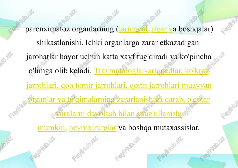 ra kanalini antibiotiklar bilan yuvadi, shuningdek, yara hududini kesadi. ixtisoslashtirilgan muassasada tibbiy tadbirlarning hajmi va tartibi bemorning ahvolini hisobga olgan holda aniqlanadi. ular bcc ni to'ldiradilar, piyodalarga qarshi choralar ko'radilar, jarohatni jarrohlik bilan davolashadi. jarrohlik paytida, iloji bo'lsa, ifloslangan va hayotga layoqatsiz to'qimalar eksize qilinadi, yara yuviladi va drenajlanadi. zararlangan tomirlar bog'lab qo'yilgan, zararlangan organlar qisman eksize qilinadi va tikiladi yoki butunlay olib tashlanadi, kichik suyak qismlari chiqariladi, katta qismlar taqqoslanadi. odatda dastlabki bosqichda murakkab va beqaror yoriqlar qo'llaniladi skeletchiqishi. kichik diametrli yara kanali bilan, o'qotar yaraga tikuv qo'llanilmaydi, agar katta o'lchamdagi nuqson bo'lsa, yaraning qirralari kamdan-kam uchraydigan tikuvlardan foydalaniladi. jarrohlik aralashuviga qarshi ko'rsatmalar agonal holat va shikast zarba hisoblanadi. jarrohlik muolajalari sayoz teginadigan jarohatlar, ko'p qismli va kichik yuzaki "shpigalangan" o'q otish jarohatlari bilan bog'liq emas. operatsiyadan keyingi davrda antibiotiklar buyuriladi, gipovolemiyani tuzatishda davom etadi, bandajlar amalgaoshiriladi. (5-6 kun orqali), erta o'rta tikuv (10-12 kun orqali) va keyinchalik o'rta …