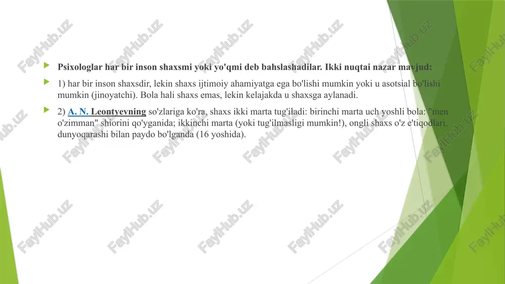 digan ma'noga ega bo'ladi. 3) insonning o'zi haqidagi umidlarini belgilaydi, ya'ni.nima bo'lishi kerak ("men yaxshi talabaman, shuning uchun psixologiya imtihonini topshiraman"). "men-kontseptsiya" xulq-atvorni boshqaradi. o'z-o'zini anglash doimiy ravishda haqiqiy xatti-harakatlarni "o'z-o'zini anglash" bilan taqqoslaydi (ular orasidagi nomuvofiqlik azob-uqubatlarga olib keladi). "men-kontseptsiya" ijobiy yoki salbiy bo'lishi mumkin. ijobiy "o'z-o'zini anglash" o'z-o'ziga nisbatan ijobiy munosabatni, o'zini hurmat qilishni, o'zini qabul qilishni, o'z qadr-qimmatini his qilishni anglatadi. salbiy "o'z-o'zini anglash" o'ziga nisbatan salbiy munosabatni, o'zini rad etishni, o'zini past his qilishni o'z ichiga oladi; shaxs "o'z-o'zini anglash" va xatti-harakatlar o'rtasida muvofiqlashtirishga erisha olmaydi. insonning o'zi haqidagi g'oyalari, qoida tariqasida, unga ishonarli ko'rinadi, garchi ular sub'ektiv bo'lishi mumkin. hatto ob'ektiv ko'rsatkichlar (balandlik, yosh) ham turli odamlar uchun "o'z-o'zini anglash" tuzilishi tufayli har xil ma'noga ega bo'lishi mumkin (masalan, 40 yosh – gullash yoki qarish vaqti?) "men-kontseptsiya" ning juda qattiq tuzilishi xarakterning kuchi emas, balki uning og'riqli kelishmovchiliklarining manbai. juda zaif xarakterga olib keladi, maqsadga …