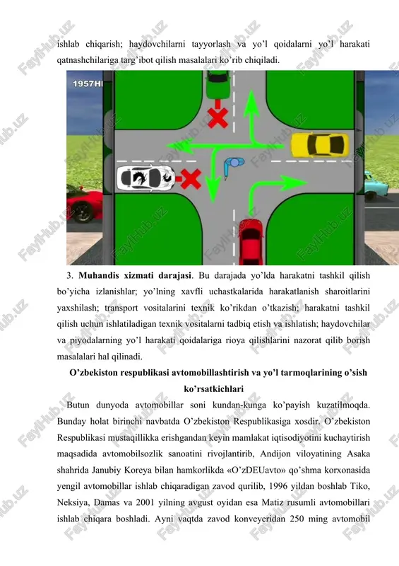 mumkin: 1) avtomobil transportining o’z ko’rsatkichlariga ko’ra mos keladigan avtomobil-transport foydalanish ko’rsatkichlariga ega bo’lgan avtomobil yo’llari bilan yetarli darajada ta’minlanmaganligi; 2) 2) avtomobillar harakatining yo’l harakatining boshqa qatnashchilaridan yetarli darajada ajratilmaganligi va piyodalarning harakatlanish madaniyatining pastligi; 3) haydovchilik kasbining ommaviyligi va ular orasida past malakali, kam ko’nikmaga ega bo’lgan havaskor haydovchilarning ko’pligi. mamlakatimizdagi iqtisodiy tarmoqni rivojlantirishda yo’l sohasining roli katta bo’lib, u ishlab chiqarish sohasi va iqtisodiy mustaqillikni mustahkamlash va o’zbekiston respublikasini jahon hamjamiyatiga faol kirib borishi natijasida uni yuqori darajadagi avtomagistrallar bilan ta’minlash transport kommunikatsiyalarining a’lo darajada rivojlantirishni talab etadi, bu esa birinchi navbatda avtomobil yo’llarining ustivor tarzda rivojlantirib borishni talab etadi. o’zbekistonning jahon bozoriga chiqishi uchun transport yo’laklarini shakllantirish bo’yicha maqsadli tadbirlar o’tkazilmoqda hamda respublika va chet el yaqin-uzoq mamlakatlari avtomobil yo’llari integratsiyasi va hamkorlik bo’yicha qator ishlar amalga oshirilmoqda. bularga quyidagi transport yo’laklarini misol qilib ko’rsatish mumkin. · toshkent-andijon-o’sh-irkishtim-qashqar-lyanyungan-shanxay; · toshkent-samarqand-buxoro-chorjo’y-ashgabat-mashhad-bender-abbos; · termez-shibirg’on-moymona-hirot-qondoxor-chaman-kvetta-karachi; · qizilo’rda-uchquduq-nukus-toshhovuz-ashgabad-mashhad-bender-abbas. buyuk ipak …