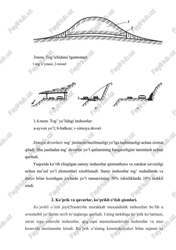 urilmaning ko’taruvchi elementlari. ko’prik ko’tarmasi - transport vositalari va piyodalarning xavfsiz harakatiga yaxshi sharoitni ta’minlash, shuningdek, ko’prik qoplamasidan va unga yondosh tutashmadagi suvlarni chetlatish uchun ko’zda tutilgan barcha elementlar to’plami. (6-rasm) u yurish tasmasi, yo’lak, g’ovli qurilmalar, suvni ketkazish, isitish va yoritish qurilmalarini, deformatsiya choklari va ko’prikning unga yondosh tutashmalarini o’z ichiga oladi. oraliq qurilmalariga qatnov qmsmi tushiunchasi xozirgi vaqtda boshqacharoq ataladi, qisqacha aytganda, ko’prik ko’tarmasidagi transport vositalari xarakatlanadigan tasma. bu tasmaning kengligi ko’prik uchun mo’ljallangan xarakat tasmalarining yig’indisiga teng. bu qismga muxofaza tasmalari (xavsizlik tasmasi) yondashadi. muxofaza tasmasi (xavfsizlik tasmasi) - qatnov qism qirg’og’i va qatnov qism tomoniga qaragan g’ov qirrasi orasida joy-lashgan, ko’prikdagi yurish tasmasining bir qismi tezlikni kamaytirmasdan harakatlanishni (baland g’ovning haydovchiga ruhiy ta’siridan), shuningdek harakat uchun xavfli vaziyat yuzaga kelganda unga avtomobillarning tushiib o’tishini ta’minlash uchun ko’zda tutilgan. oraliq qurilmaning ko’tarish qismi oraliq qurilmaning o’zagidan va transport vositalaridan tushiadigan vaqtinchalik yuklarni o’ziga qabul qilib, ularni tayanchlarga …