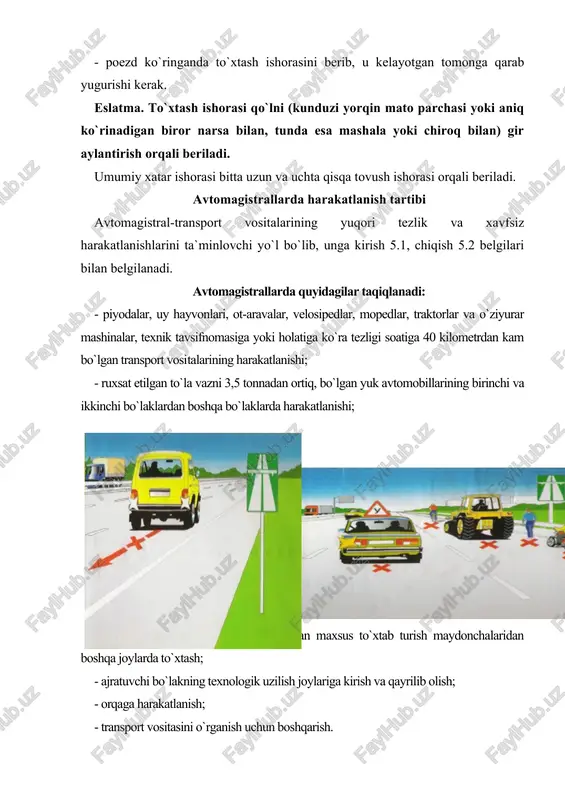 g harakat yo`nalishini kesib o`tayotgan piyodalar va velosipedchilarga yo`l berishi kerak (yhq. 10.2). tik nishablik va balandliklarda harakatlanish qoidalari qiyaliklarda avtomobillarning tik og`irlik kuchi pastga qarab tik yo`nalishda va nishablik tomon yo`nalgan, tashkil etuvchilarga ajraladi. nishablik tomonga yo`nalgan og`irlik kuchining bir qismini tashkil etuvchi kuch shu yo`nalishda ketayotgan avtomobilning harakatlanishini tezlashtiradi. nishablik darajasi (h) yuqori bo`lmasa, u xavf tug`dirmaydi, balki haydovchiga moyil keladi. lekin nishablik darajasi (h) ortib, yo`l uzaygan sari bu kuchning ta`siri oshadi va harakat- lanish xavfsizligiga aks ta`sir etib, avariya holatiga olib kelishi mumkin. ayniqsa, tezlik (tezlanish) oshib ketishi natijasida tajribasiz yosh haydovchilar qiyaliklarda tez-tez tormoz beradilar. bu esa, tormoz kolodkalarini qizib, ishdan chiqishiga olib keladi, bu muqarrar falokatdir. dovonlarda va uzoq; tik nishabli yo`llarda to`xtatish tizimi ishlamay qolgan transport vositalari o`z harakatini to`xtatish uchun 5.40 belgisi bilan belgilangan (falokatli holatlar uchun mo`ljallangan) yo`lga kirishlari kerak. bu maxsus qoplamali yo`l transport vositalarini xavfsiz to`xtatish uchun mo`ljallangan (yhq. …