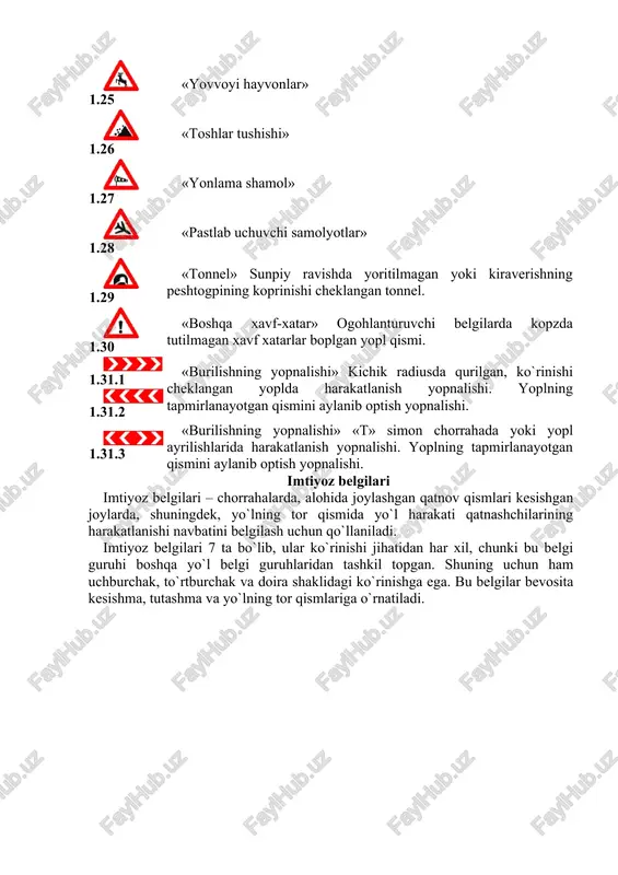 n bo`lsa, bu belgining ta`siri bo`lmaydi. aholi yashaydigan joylarga etmay o`rnatilgan 3.24 belgining ta`siri 5.22 belgisigacha kuchini saqlaydi. belgilarning ta`sir doirasi: 3.16 va 3.26 belgilari 7.2.1 qo`shimcha belgisi orqali 3.20, 3.22, 3.24, belgilari 3.21, 3.23, 3.25 va 7.2.1 qo`shimcha belgi orqali. 3.27 – 3.30 belgilarining amal qilish oralig`i 3.27 – 3.30 belgilari 7.2.3 qo`shimcha belgisi bilan birga taqiqlovchi belgilar yopl harakatiga maplum cheklanishlar kiritish yoki ularni bekor qilish uchun qopllaniladi. 2.3-rasm. 2.3-jadval. 3.1 «kirish taqiqlangan» barcha transport vositalarining kirishi taqiqlangan 3.2 «harakatlanish taqiqlangan» barcha transport vositalarining harakatlanishi taqiqlanadi. 3.3 «mexanik transport vositalarining harakatlanishi taqiqlangan» 3.4 «yuk avtomobillarining harakatlanishi taqiqlangan» topla vazni 3.5 tonnadan (agar vazni belgida koprsatilmagan boplsa) yoki topla vazni belgida koprsatilganda ortiq boplgan yuk avtomobillari va transport vositalari tizimlarining, shuningdek, traktorlar, opziyurar moslamalarning harakatlanishi taqiqlanadi. bu belgi bortlariga qiya oq chiziq tortilgan yoki odamlarni tashiyotgan yuk avtomobillarining harakatlanishini taqiqlamaydi. 3.5 «mototsikllar harakatlanishi taqiqlangan» 3.6 «traktorlar harakatlanishi taqiqlangan» traktorlar, …