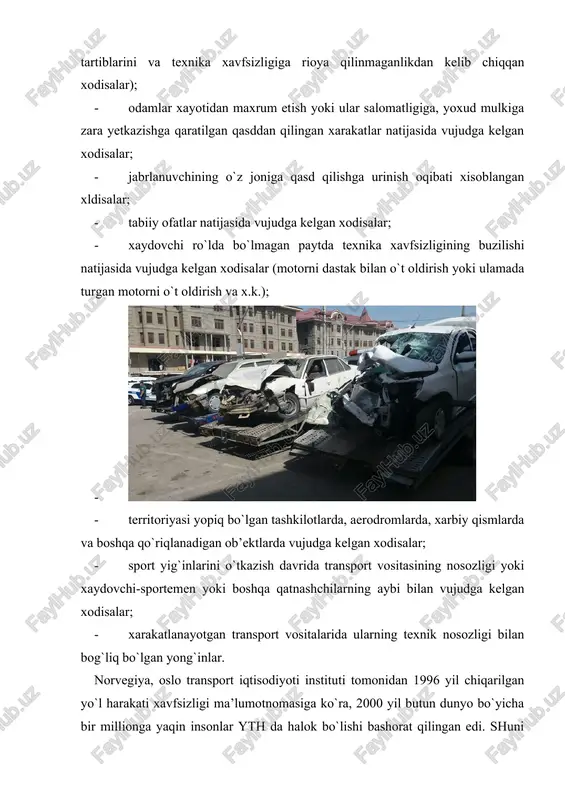 siy omillaridan biri respublika vazirlar mahkamasi qoshida barcha vazirliklar, uyushmalar. korporatsiya va kontsernlarda harakat xavfsizligini ta’minlash ishlarini muvofiqlashtirib olib boruvchi «yo`llarda harakat xavfsizligini ta’minlash hay’ati» ning faol ishtirokida murakkab va dolzarb masalalarning zamon talabiga mos ravishda hal qilinishidir. falokatlilik darajasining asosiy ko`rsatkichlaridan biri yth ning og`irlik darajasidir. halok bo`lish va tan jarohati olish yuqori bo`lgan davlatlarda 1997 yil yth da jabr ko`rganlarning absolyut qiymati (2) 3.2-jadvalda ma’lumot keltiriladi. yth ning og`irlik darajasi bo`yicha rivojlangan davlatlardagi absolyut qiymat bo`yicha qaralganda, o`zbekiston respublikasida ularning soni (3.3-jadval) eng past ko`rsatkichga ega, agar yth ni og`irlik darajasi bo`yicha solishtirish tahlilini har 100 ta yth da nechta odam halok bo`lishi ko`rsatkichi orqali qaraladigan bo`lsa, unda yuqorida keltirilgan absolyut ko`rsatkichlardan farqli natijalar ko`rish mumkin. keltirilgan jadvalning tahlili shuni ko`rsatadiki, barcha davlatlar uchun yth ning og`irlik darajasi shahar tashqarisidagi yo`llarda 1,5-2,0 barobar katta. bunday holatning yuzaga kelishini shahar ko`chalariga qaraganda shahardan tashqaridagi yo`llarda harakat tezligining yuqoriligi sababli …