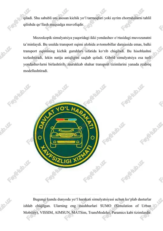 siyosatni shakllantirishda, yashil transport strategiyalarini ishlab chiqishda muhim ahamiyatga ega. bundan tashqari, yo‘l harakati simulyatsiyasi orqali favqulodda holatlarda harakatni boshqarish usullari ham ishlab chiqiladi. masalan, zilzila, yong‘in yoki katta avariya holatlarida transport vositalarining evakuatsiya marshrutlari simulyatsiya qilinadi. bu esa real hayotda insonlar xavfsizligini ta’minlashda muhim rol o‘ynaydi. simulyatsiya tizimlarining samaradorligi ko‘p jihatdan ma’lumotlar sifatiga bog‘liq. agar tizimga kiritilayotgan ma’lumotlar to‘liq va ishonchli bo‘lsa, simulyatsiya natijalari ham real holatga juda yaqin bo‘ladi. shu sababli zamonaviy tizimlarda big data texnologiyalari, bulutli hisoblash platformalari va iot qurilmalari keng qo‘llaniladi. hozirgi kunda ko‘plab mamlakatlarda yo‘l harakati simulyatsiyasi shahar boshqaruv markazlari bilan integratsiya qilinmoqda. bu esa real vaqt rejimida yo‘l holatini kuzatish, tirbandliklarni aniqlash, svetoforlarni avtomatik boshqarish va transport oqimini yo‘naltirish imkonini beradi. simulyatsiya nafaqat davlat yoki ilmiy sohada, balki ta’lim tizimida ham keng qo‘llaniladi. haydovchilarni tayyorlashda, avtotest sinovlarida yoki yo‘l harakati qoidalarini o‘rgatishda simulyatorlar yordamida o‘quvchilar real holatga yaqin tajriba orttiradilar. xulosa qilib aytganda, …