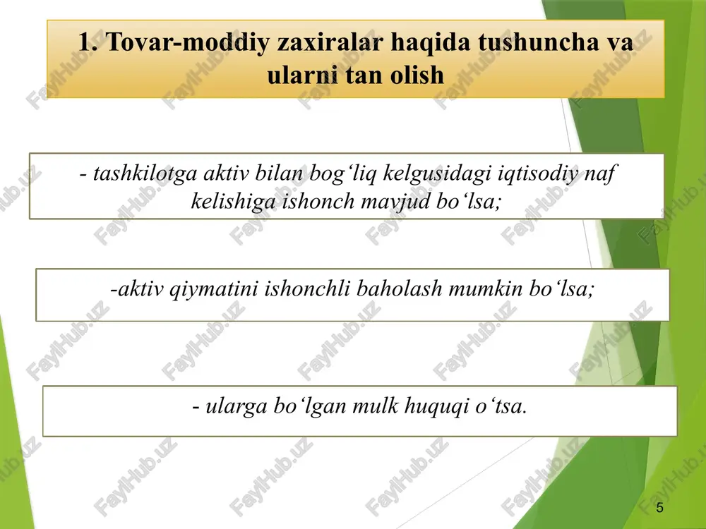 ibiga kiradigan, uning asosini tashkil etadigan yoki uni tayyorlashda (ishlab chiqarishda) zarur tarkibiy qismlar hisoblaniladigan xom ashyo va asosiy materiallar; 19 3. tovar-moddiy zaxiralar hisobini tashkil etish va yuritish tartibi 1030 "yoqilg‘ilar" schyotida neft' mahsulotlari, yoqilg‘i-moylash materiallari (yomm) (neft', benzin, kerosin, dizel' yoqilg‘isi, yog‘ va hokazolar), qattiq yoqilg‘i (ko‘mir, o‘tin va hokazolar) va gazsimon yoqilg‘i (gaz, gazolin), shuningdek ishlab chiqarish chiqindilari va qattiq yoqilg‘i sifatida ishlatiladigan ikkilamchi material qiymatliklarning mavjudligi va harakati hisobga olinadi. yoqilg‘i-moylash materiallari (yomm) uchun talonlardan foydalanilganda ham ularning hisobi 1030 "yoqilg‘ilar" schyotida yuritiladi.. 1020 "sotib olingan yarim tayyor mahsulotlar va butlovchi buyumlar" schyotida yig‘ishda va qayta ishlov berishda xarajat talab qiladigan ishlab chiqarilayotgan (qurilish) mahsulotni butlash uchun ishlab chiqarish kooperatsiyasi tartibida xarid qilingan, sotib olingan yarim tayyor mahsulotlar, tayyor butlovchi buyumlar, qurilish detallari va konstruksiyalarining mavjudligi va harakati hisobga olinadi. 20 3. tovar-moddiy zaxiralar hisobini tashkil etish va yuritish tartibi 1050 "qurilish materiallari" schyotida qurilish konstruksiyalari …