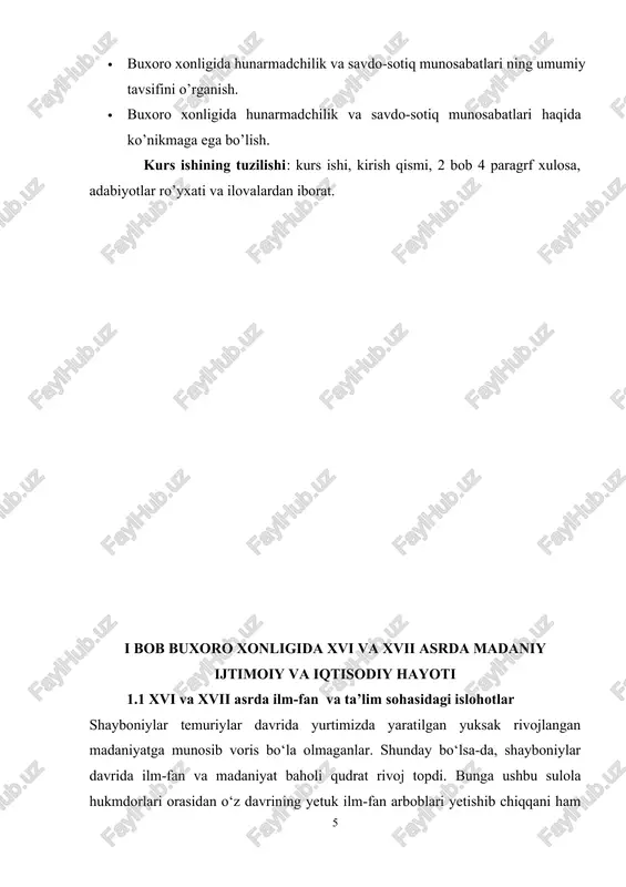 ada uch bosqichli ta’lim joriy etilgan, uning har bir bosqichi 7 yildan bo‘lib, 21 yil davom etardi. o‘quvchilar ilohiyot ilmi, hisob-kitobdan, handasa, fiqh, mantiq, musiqa, she’r san’atidan ilm olardi. albatta, ta’lim olishga hammaning ham imkoni bo‘lmas edi[footnoteref:2]. [2: hofiz tanish buxoriy, abdullanoma, 1—2 j.lar, t., 1999 y 43-b, 2000 y 37-b] mamlakat iqtisodiy hayotida dehqonchilik, xunarmandchilik, ichki va tashqi savdo asosiy oʻrinni egallagan. ichki nizolar boʻlib turishiga karamay iqtisodiyotning bu sohalari rivojlanishda davom etdi. dehqonchilik sugʻorish bilan bevosita bogʻliq boʻlgan. sugʻorish tarmoqlari zarafshon va amudaryodan chiqarilgan. abdullaxon ii ning 1583-yilda nurota togʻlari shim. yon bagʻirlaridagi eski oqchob qishlogʻi yaqinida qurdirgan suv ombori qoldiqlari hozirgacha saqlangan. shuningdek, zarafshon daryosida puli karmana, puli mehtar qosim va puli chahorminor kabi suv taqsimlagichlar qurilgan. zarafshondan jizzaxga tuyatortar arigʻi chiqarilgan. sugʻorish tarmoqlari amir shohmurod va amir haydar davrlarida ham ancha koʻpaydi, koʻchmanchilarning oʻtroqlashuvi kuchaydi.[footnoteref:3] [3: hofiz tanish buxoriy, abdullanoma, 1—2 j.lar, t., 1999 y 43-b, …