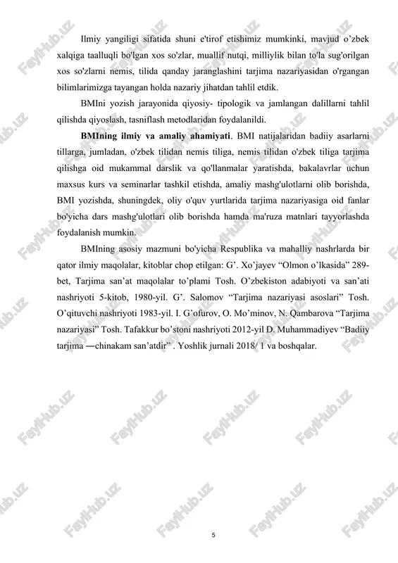 ha respublika va mahalliy nashrlarda bir qator ilmiy maqolalar, kitoblar chop etilgan: g’. xo’jayev “olmon o’lkasida” 289-bet, tarjima san’at maqolalar to’plami tosh. o’zbekiston adabiyoti va san’ati nashriyoti 5-kitob, 1980-yil. g’. salomov “tarjima nazariyasi asoslari” tosh. o’qituvchi nashriyoti 1983-yil. i. g’ofurov, o. mo’minov, n. qambarova “tarjima nazariyasi” tosh. tafakkur bo’stoni nashriyoti 2012-yil d. muhammadiyev “badiiy tarjima ―chinakam san’atdir” . yoshlik jurnali 2018/ 1 va boshqalar. 8 i bob badiiy tarjimada milliy o’ziga xoslikning berilishi 1.1. badiiy tarjimada milliy urf-odatlarining ifodalanishi. asar yozilgan tilni chuqur va mukammal bilmay, muhit va davrni o’rganmay, muallif tasvirlagan xalqning urf-odatlari bilan yaqindan tanishmay turib badiiy barkamol tarjima asari yaratish amri mahol. keyingi yillarda o’zbekistonning dunyoga yuz tutishi -chet ellarda o’zbekistonning madaniyat va adabiyot kunlari, haftaliklari bo’lib o’tishi o’zbek xalqining milliy qiyofasini xorijliklarga tanishtirishda katta rol o’ynaydi. ayniqsa, o’zbek yozuvchilarining asarlari xorijiy tillarga, jumladan nemis tiliga, shuningdek nemis tilidan o'zbek tiliga ko’plab o’girilayotgani ikki buyuk xalqning o’zaro …