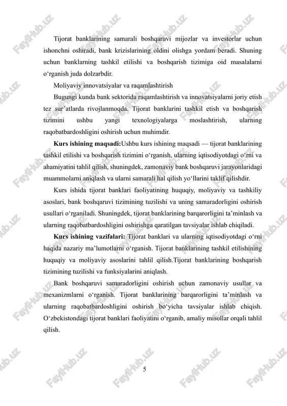 rligini ta’minlash mexanizmlari hisoblanadi. predmet doirasida tijorat banklari faoliyatining huquqiy asoslari, boshqaruv usullari, moliyaviy barqarorlik omillari va bank boshqaruvida qo‘llaniladigan innovatsion texnologiyalar o‘rganiladi. i bob. tijorat banklari va ularning tashkili tuzulishi tarixiy taraqqiyot davomida banklar mablag’larni yig’ish, saqlab berish, kredithisob va boshqa turli xil vositachilik operatsiyalarini bajarib kelganliklari sabab, banklar kredit muassasa bo’lib, foyda olish maqsadida bank barcha risklarni o’ziga qabul qilgan holda operatsiyalarini amalga oshiradi. o’zbekiston respublikasining 1996-yil 26- aprelda qabul qilingan banklar va bank faoliyati to’g’risida»gi qonunining 1-moddasiga asosan «bank – tijorat tashkiloti bo’lib», bank faoliyati deb hisoblanadigan quyidagi faoliyat turlari majmuyini amalga oshiradigan, ya‘ni: 64 ko’prog’i to’g’ri keladi. fzt ga a‘zo bo’lgan banklar – bu juda yirik xususiy tijorat banklaridir. ular fzblarining aksiyadorlari va ayni paytda, ushbu bankning mijozlari hamdir va o’zlarining aksiyadorlik sarmoyasi evaziga 6 % divident oladilar. fzt ga kiruvchi 12 ta mustaqil markaziy banklarning har biri fzb sifatida quyidagi funksiyalarni bajaradi: ikkilamchi bozorda davlat …