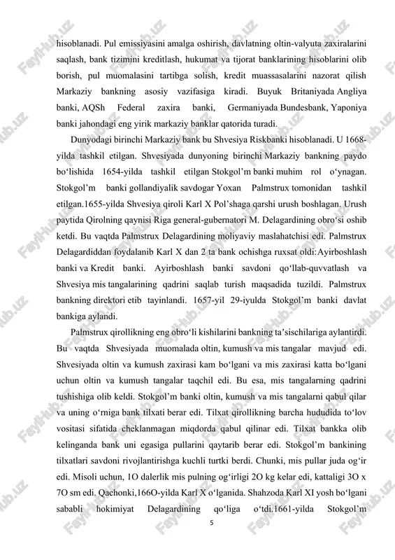 n oʻtdi. markaziy banklarning paydo boʻlishining ikkinchi sababli-boʻlib, davlatning urush xarajatlarini moliyalashtirishning zarurligi hisoblanadi. masalan, angliya markaziy banki angliya va fransiya oʻrtasidagi urush xarajatlarini moliyalashtirish maqsadida tashkil etilgan. markaziy banklarning paydo boʻlishiga olib kelgan. uchinchi sababi–davlat aktivlarini markazlashgan tarzda boshqarishning zarurligidir. markaziy bankning funksiyalari 1. emission funksiyasi – markaziy bank naqd pullarni emissiya qilish boʻyicha monopolmavqeiga ega. markaziy bank naqd pullarni emissiya qiladi va tijorat banklari orqali muomalaga chiqaradi. naqd pullar muomalaga markaziy bankning zaxira – vakillik tizimi orqali chiqariladi. bunda tijorat banki naqd pulga buyurtma beradi. markaziy bank naqd pulni emissiya qiladi va inkassasiya xizmati orqali tijorat bankiga joʻnatadi. keyin esa, joʻnatilgan naqd pul summasiga tijorat bankining oʻzidagi „vostro“ vakillik hisobraqami qoldigʻini kamaytirib qoʻyadi. 2. banklarning banki funksiyasi – markaziy bank tijorat banklari uchun soʻnggi pogʻonadagi kreditor hisoblanadi. markaziy bank tijorat banklari faoliyatini tartibga soladi va nazorat qiladi. markaziy bank tijorat banklari tomonidan jalb qilingan resurslarning bir qismini majburiy …