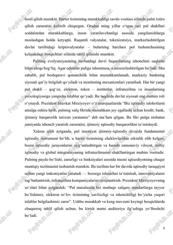 esurslar bilan axamiyatlashtirishadi. asosiy muammo ese multiplex muvozanat masalasi edi: barterda ixtiyoriy moslik naqadar murakkab, vaqt va joy nomuvofiq emasmi? ya’ni ayni paytda ham, aynan sizda kerak bo‘lgan narsani egasi berishi va aksincha bo‘lishi – barqaror emas. bu intizom barter tizimini cheklaydi va savdo hajmini kichraytiradi. pul - bu iqtisodiy tizimdagi eng muhim vositalardan biri. u tovarlar va xizmatlar sotib olish, qarzlar to'lash, moliyaviy investitsiyalar qilish kabi ko'pgina vazifalarida muhim rol o'ynaydi. pulning ahamiyati quyidagicha: · tovarlar va xizmatlar sotib olish: pul yordamida biz turli tovarlar va xizmatlarni sotib olish imkoniyatiga ega bo'lamiz. · qarzlar to'lash: pul yordamida biz qarzlarimizni to'lash imkoniyatiga ega bo'lamiz. · moliyaviy investitsiyalar: pul yordamida biz turli moliyaviy investitsiyalar qilish imkoniyatiga ega bo'lamiz. · savol va qarzlar: pul - bu iqtisodiyotda valyuta sifatida ishlatiladi. · iqtisodiy faoliyat: pul - bu iqtisodiy faoliyatning asosiy omillaridan biri. u iqtisodiy faoliyatni rivojlantirishda muhim rol o'ynaydi. · ijtimoiy faoliyat: pul …