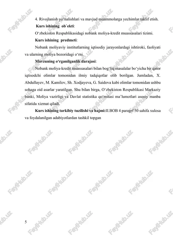 lakatlarning chekka hududlarida yashovchilarga ham moliyaviy xizmatlar taqdim etish imkonini beradi. bu, oʻz navbatida, iqtisodiy va ijtimoiy rivojlanishga salmoqli ta’sir ko‘rsatadi. tarixan, no-bank moliya muassasalari 20-asr oxirlarida va 21-asr boshlarida, ayniqsa, texnologik rivojlanish bilan bog‘liq holda, keng tarqaldi. xususan, mikrofinans va fintech sohalaridagi innovatsiyalar bu muassasalarning rivojlanishiga turtki bo‘ldi. misol uchun, mikrofinans tashkilotlari dunyo bo‘ylab qashshoqlikni kamaytirish va kichik bizneslarni qo‘llab-quvvatlash maqsadida faoliyat yuritmoqda. fintech kompaniyalari esa, o‘zining raqamli platformalari, mobil ilovalari va innovatsion texnologiyalar bilan, moliyaviy xizmatlarni yanada kengroq va qulayroq qilishga intilmoqda. biroq, no-bank moliya muassasalarining rivojlanishida bir qator muammolar ham yuzaga kelmoqda. ularning asosiy muammolari orasida moliyaviy xavflar, mijozlarning shaxsiy ma’lumotlarining himoyasi, litsenziyalash va tartibga solish muammolari joy oladi. raqobatning kuchayishi ham muhim omil bo‘lib, bu muassasalarning samaradorligini oshirish va xizmat sifatini yaxshilashda muhim ahamiyatga ega. bundan tashqari, texnologik muammolar, masalan, kiberxavfsizlik va texnologiyalarning yangilanishi ham muhim ahamiyat kasb etadi. xulosa qilib aytganda, no-bank moliya-kredit muassasalari moliyaviy …