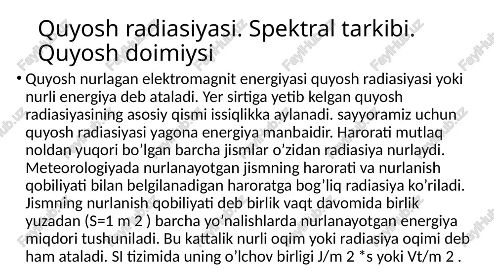y sutkalik o’zgarishga ega. qithalarda tushdan oldin va tushdan keyingi soatlarda to’g’ri quyosh radiasiyasi sutkalik o’zgarishida atmosfera shaffofligining farqlari bilan izohlanuvchi assimetriya tez-tez kuzatiladi. yozda tushdan keyin atmosfera xiraroq bo’ladi. qishda, ertalabki soatlarda paydo bo’ladigan inversiya qatlamlarining ta’sirida teskari holat kuzatilishi mumkin. dengiz sathiga nisbatan balandlik ortishi bilan quyosh radiasiyasi oqimi ham ortadi, chunki atmosferaning optik qalinligi kamayadi. quyosh radiasiyasi oqimi balandlik ortishi bilan atmosferaning quyi qatlamlarida tezroq, yuqori qatlamlarida esa sekinroq ortadi. to’g’ri quyosh radiasiyasining yillik o’zgarishiga birinchi navbatda, qishda kichikroq, yozda – kattaroq bo’ladigan quyoshning tush paytidagi balandligi h ta’sir ko’rsatadi. shuning uchun ham o’rta kengliklarda quyosh radiasiyasining minimal qiymatlari, odatda, dekabr-yanvar oylarida kuzatiladi. j va j  larning maksimal qiymatlari esa yoz oylarida emas, balki mayda kuzatiladi, chunki bahorda havoda chang va suv bug’i miqdori kamroq bo’ladi. quyosh radiasiyasining qaytarilishi. albedo yer sirtiga yetib kelgan yig’indi radiasiya, qisman to’shalgan sirtda (er yoki suv qatlami) issiqlikka aylanadi, qisman …