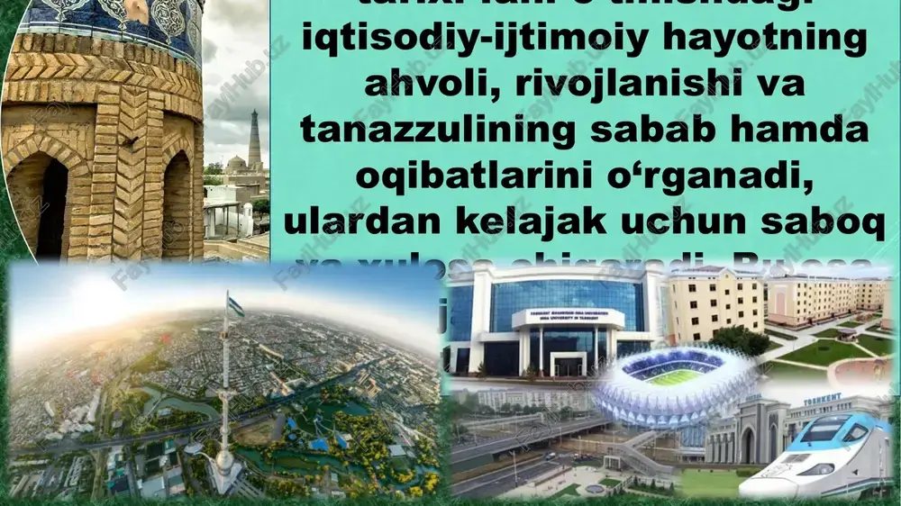 ari, shu bilan birga, ularning aniq shakl-shamoyillari va holati aniqlanadi. tarix fani o‘z xususiyatiga ko‘ra, birinchidan, o‘zining butun diqqat e’tiborini faqat o‘tmishga qaratadi, undan saboq beradi, xulosa chiqaradi, ajdodlarimizning moziyda qolgan hayot tarzini, ular yaratgan moddiy-madaniy, ma’naviy-mafkuraviy qadriyatlarni o‘rganadi. ikkinchidan, o‘zbekistonning eng yangi tarixi fani boshqa ijtimoiy fanlarga nisbatan aniq fan. u matematika usulidan keng foydalanadi. tarixiy voqea va hodisalar qat’iy aniqlikda, davriy ketma-ketlik-xronologik asosda o‘rganiladi. shuningdek, tarixiy voqea va hodisalar, hujjat va dalillarning haqiqiy va haqiqiy emasligi, ular qachon, qayerda, qanday tarixiy muhit va sharoitlarda tarixan voqe bo‘lganligi aniqlanadi. va nihoyat, bo‘lib o‘tgan voqeliklarning aniq sabab va oqibatlari, shu bilan birga, ularning aniq shakl-shamoyillari va holati aniqlanadi. uchinchidan, o‘zbekistonning eng yangi tarixi fani o‘tmishdagi iqtisodiy-ijtimoiy hayotning ahvoli, rivojlanishi va tanazzulining sabab hamda oqibatlarini o‘rganadi, ulardan kelajak uchun saboq va xulosa chiqaradi. bu esa kelajak avlodlar uchun dasturulamal bo‘ladi. uchinchidan, o‘zbekistonning eng yangi tarixi fani o‘tmishdagi iqtisodiy-ijtimoiy hayotning ahvoli, rivojlanishi …