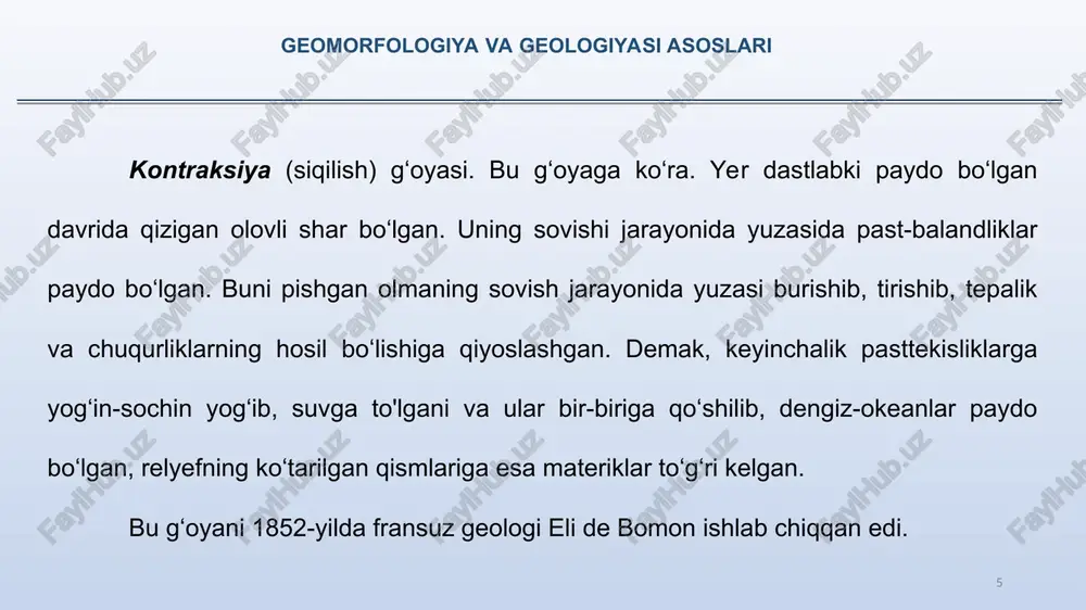 yoriqlar sistemasi bilan chegaralangan murakkab grabenlar ham uchraydi. bir qancha belgilariga qarab grabenlar: bo‘ylama - burmali strukturalar bo'ylab cho‘zilgan; ko‘ndalang - grabenning uzun o‘qi atrof strukturalaming o‘qiga perpendikulyar; ponasimon - pastga tomon kengayib boradigan; bir tomonli - uzilma bilan faqat bir tomondan chegaralangan turlari bor. geomorfologiya va geologiyasi asoslari * okean yer po‘sti. okean yer po‘sti uchta asosiy elementdan tashkil topgan: chuqur dengiz kotlovinalari (karib, yapon va b.), orollar yoyi (aleut, kuril, yapon, filippin va boshq.) va chtiqur suv qa’ri (yapon, mariana, zond va b). soylik - yer po‘sti relyefining botiq shakli, izometrik yoki kam darajada cho‘zilgan bo‘lishi mumkin. soylik har tarafdan o‘ralgan berk hamda bir yoki ikki tomoni ochiq bo‘ladi. morfologik jihatdan tubi yassi, tovoqsimon va boshqa turlari farq qilinadi. vujudga kelishiga ko‘ra, - tektonik, vulkanik, erozion, muzlik, karst va boshqalar. oqim rejimiga ko‘ra, uch xil - suv oqib chiqadigan, oqib keladigan va oqmas bo‘lishi mumkin geomorfologiya va geologiyasi …