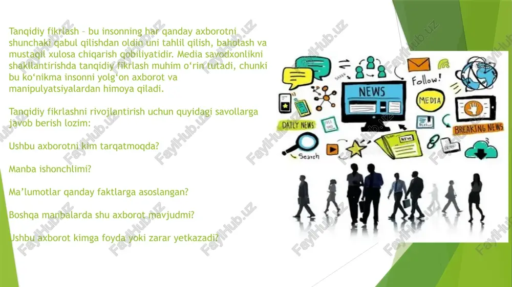 chiqilishi. blokcheyn texnologiyalari orqali axborotni tekshirish – axborotning manbasini kuzatish va uning buzilmaganligini tekshirish imkoniyatini yaratish. 3. raqamli xavfsizlik va shaxsiy ma’lumotlarni himoya qilish kiberhujumlarga qarshi kurashish – shaxsiy va korporativ axborotni himoya qilish bo‘yicha yangi usullar ishlab chiqish. raqamli iz qoldirmaslikka e’tibor qaratish – odamlarning shaxsiy ma’lumotlari noqonuniy tarzda tarqalmasligi uchun xabardorlikni oshirish. davlat va xalqaro tashkilotlarning ishtiroki – feyk yangiliklar va dezinformatsiyaga qarshi kurashishda qonunchilikni takomillashtirish. image1.jpeg image2.jpeg image3.jpeg image4.jpeg image5.jpeg image6.jpeg image7.jpeg image8.jpeg image9.jpeg image10.jpeg ) i ) naa id fables a0! ¢\ . ay ~eidinang os ee fal! sf “es g ore ery aag ar businessman in artificial intelligence concept elnur / @orogahk slop lori.ru/36.104.66 y spoor hor aondlo10h1010010100%0» wen sstssoinionpiarmoustot big data computing concept of modern it technology © elnur /® ue ) i /docprops/thumbnail.jpeg media va axborot savodxoniigh konsepsivas