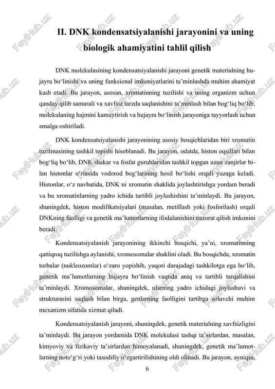 bu esa organizmning rivojlanishi va sog‘lig‘iga salbiy ta’sir ko‘rsatadi. kondensatsiyalanish jarayonini boshqaruvchi mexanizmlar va faktorlar hozirgi kunda keng o‘rganilmoqda. misol uchun, histon modifikatsiyalari va ularning enzymatik faoliyati dnk faolligini va kondensatsiya darajasini nazorat qilishda muhim rol o‘ynaydi. bundan tashqari, epigenetik mexanizmlar, masalan, dna metillashuvi va histon modifikatsiyalari, genlarning faolligini va xromatin tuzilmasini o‘zgartirish imkonini beradi, bu esa hujayraning kontekstiga mos ravishda genetik ma’lumotlarni boshqarishga imkon yaratadi. shuningdek, zamonaviy texnologiyalar, xususan, crispr-cas9 texnologiyasi, gen tahriri va xromatin strukturasini o‘rganish imkoniyatlarini kengaytirmoqda. bu texnologiyalar yordamida dnk kondensatsiyasining mexanizmlarini yanada chuqurroq tushunish va ularni nazorat qilish imkoniyati paydo bo‘lmoqda. bu esa, o‘z navbatida, genetik kasalliklarni davolash, gen terapiyasini rivojlantirish va biotexnologiya sohasida yangi yutuqlarga olib kelmoqda. xulosa qilib aytganda, dnk molekulasining kondensatsiyalanishi jarayoni organizmning genetik ma’lumotlarini saqlash va uzatishda muhim rol o‘ynaydi. bu jarayon, hujayraning genetik va funksional barqarorligini ta’minlash uchun asosiy mexanizmlardan biri bo‘lib, uning to‘g‘ri ishlashi organizmning rivojlanishi va sog‘lig‘ini ta’minlashda …