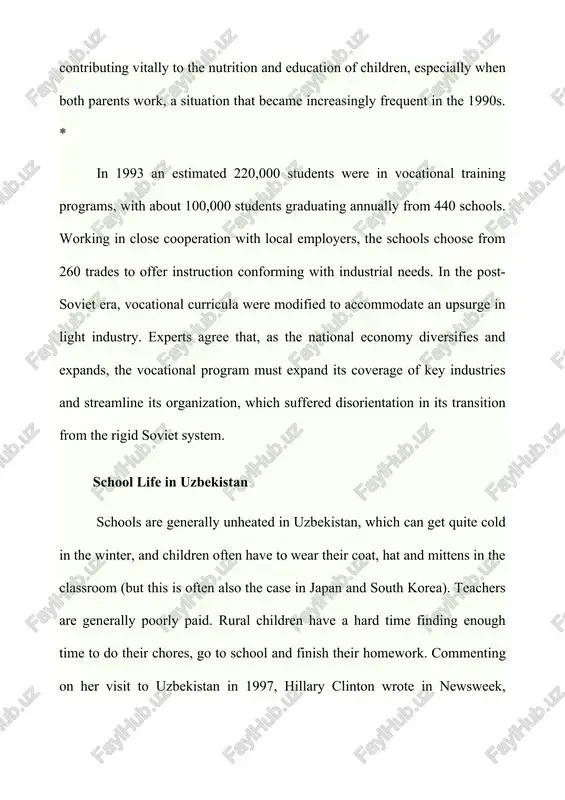 ngs became the core of the uzbek national curriculum. in a survey by the u.s. state department in 2000, 35 percent of muslims said schools should provide more religious instruction for children. in the early 1990s, the greatest controversy in curriculum policy was which language should be used for teaching in state schools. in 1992 uzbek and the other central asian languages were made the official languages of instruction, meaning that uzbek schools might use any of five central asian languages or russian as their primary language. uzbek and russian language courses are taught in all schools. after independence, a new emphasis was placed on courses in uzbek history and culture and on increasing the short supply of textbooks in uzbek in many fields. for a time, the karimov regime closed samarkand university, which taught in tajik, as part of a broader crackdown on the country's tajik minority. [source: library …