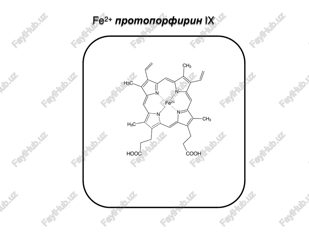 n h h3c p ch3 p ch3p p h c3 2 co2 koproporfirinogen iii protoporfirinogen ix dekarboksilirovanie (koproporfirinogen iii oksidaza) proisxodit v mitoxondriyax v xode membranno-assotsiirovannix reaktsiy (intermediati nerastvorimi v vode) predposlednyaya stadiya: aromatizatsiya kataliziruetsya protoporfirinogen ix oksidazoy okislyaet mostkovie metilenovie gruppi do metinovix, a takje dve nh gruppi pirrola (videlyaetsya 6 atomov n) n hnnh n h3c ch3 ch3p p h c3 ch2 ch2 h n hnnh n h h3c ch3 ch3p p h c3 ch2 ch2 protoporfirin ix + 3 nadph + 3h+ protoporfirinogen ix + 3 nadp+ vnedrenie jeleza(ii) n hnnh n h3c ch3 ch3p p h c3 ch2 ch2 protoporfirin ix gem n -n - n h3c ch3 ch3p p h c3 ch2 ch2 fe n fe(ii) 2h+ kataliziruetsya ferroxelatazoy, kotoraya soderjit fe2s2 klaster struktura ferroxelatazi (so svyazannim analogom gema) sirogem – podobnaya gemu prosteticheskaya gruppa, kotoraya ispolzuetsya nekotorimi fermentami dlya 6-ti elektronnogo vosstanovleniya seri i …