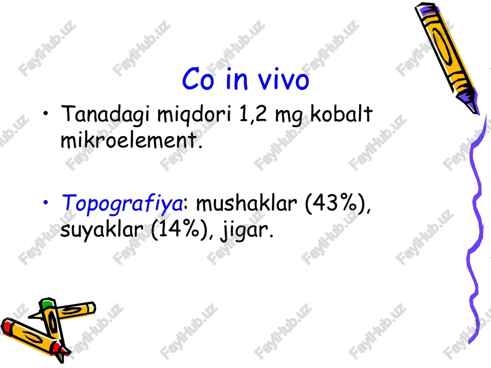 hi jarayonida fe+2 ning fe+3 ga oksidlanishini katalizlaydi: fe+2 + [tspsu2+] → fe+3 + [tspsu+] b) seruloplazminning qaytarilgan shakli [tspsu+] kislorodning suvga aylanishini katalizlaydi.: o2+4[tspsu+] +4h+ → 2h2o + 4 [tspsu2+] mis • ko'pgina fermentlar tarkibiga kiradi. • to'qimalarning nafas olishida ishtirok etadi. • kollagen va elastin sintezida, o'sish va ko'payish jarayonlarida, pigmentatsiya jarayonlarida ishtirok etadi. • melanin tarkibiga kiradi. • mis gemoglobin hosil bo'lish jarayonlari uchun zarurdir. • temirning suyak iligiga o'tishi va uning organik bog'langan shaklga aylanishiga yordam beradi. • retikulotsitlarning etishishini va ularning • eritritsidlariga aylanishini rag'batlantiradi ortiqcha mis • mis changi yoki mis birikmalarining bug'lari bilan nafas olish "mis lixoradkasi" kasalligini keltirib chiqaradi, bunda qattiq titroq, yuqori harorat - 39 darajagacha ko'tarilishi, ko'p terlash va sudoroga. • kuchli zahar. mis etishmovchiligi • o'sishning kechikishi, • anemiya, • dermatozlar, • sochlarning depigmentatsiyasi, • qisman kallik, • ishtahaning yo'qolishi, • og'ir vazn yo'qotish • gemoglobin darajasining pasayishi, • …