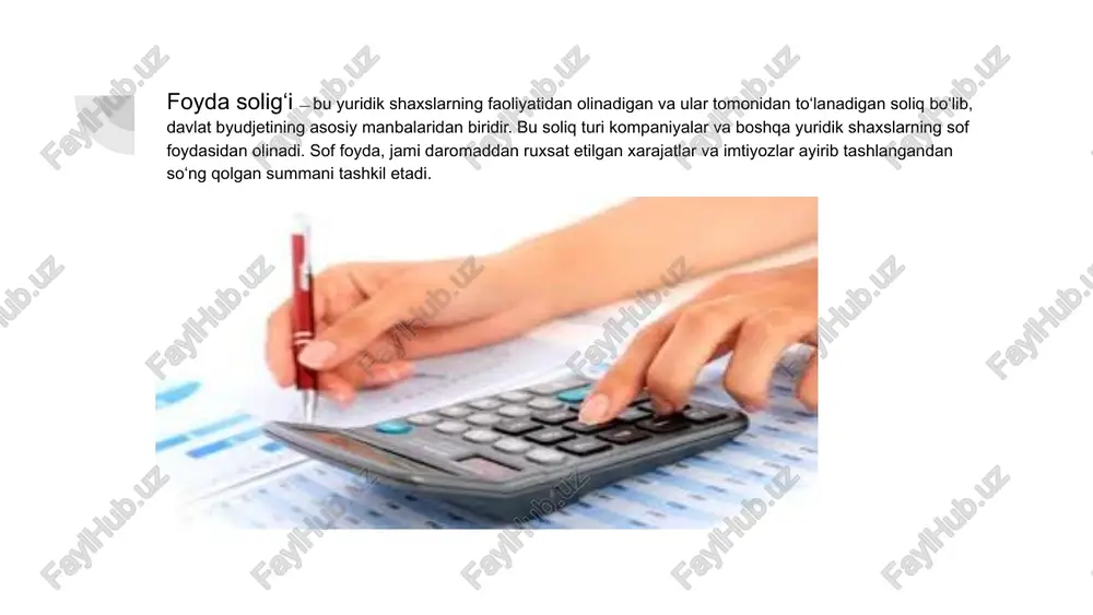 an chegirmalar yoki soliq imtiyozlari mavjud bo‘lishi mumkin. masalan, investitsiya loyihalariga kiritilgan mablag‘lar uchun soliq chegirmalari. soliq deklaratsiyasini taqdim etish soliq solinadigan daromad va foyda solig‘ini hisoblaganidan so‘ng, kompaniya soliq deklaratsiyasini soliq organlariga taqdim etishi kerak. soliq deklaratsiyasida quyidagi ma'lumotlar ko‘rsatiladi: jami daromadlar. ruxsat etilgan xarajatlar va imtiyozlar. hisoblangan foyda solig‘i va to‘langan summalar. soliq tekshiruvi va soliqni to‘lashda xatoliklar soliq organlari kompaniyalarni soliq to‘lovlarini to‘g‘ri amalga oshirishlarini tekshiradi. agar kompaniya foyda solig‘ini noto‘g‘ri hisoblagan bo‘lsa yoki deklaratsiya noto‘g‘ri taqdim etilgan bo‘lsa, unda qo‘shimcha to‘lovlar va jarimalar qo‘llanishi mumkin. soliq tekshiruvi jarayonida kompaniyalar barcha hisobot va hujjatlarni taqdim etishlari zarur. soliq to‘lovini amalga oshirish foyda solig‘ini hisoblashdan so‘ng, kompaniya to‘lovni amalga oshiradi. bu to‘lov yilning ma'lum davrida (o‘rtacha kvartal yoki yillik asosda) amalga oshirilishi mumkin. to‘lov muddati: soliq to‘lovlarini o‘z vaqtida amalga oshirish uchun kompaniya soliq kodeksida belgilangan muddatlarga rioya qilishi kerak. to‘lovni amalga oshirish: to‘lovlar soliq organlari tomonidan belgilangan …