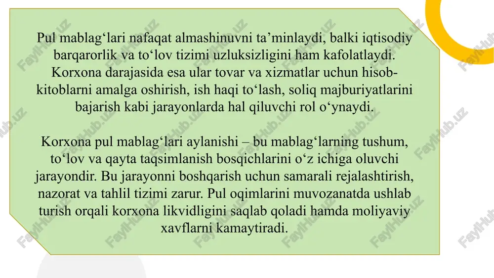iy va o‘zgaruvchan mablag‘lar d) qimmatli qog‘ozlar 4️⃣ bankdagi hisob-kitob schyotining raqami qanday belgilanadi? a) 5510 b) 5110 c) 5010 d) 5210 5️⃣ “milliy valyutadagi kassa” schyoti qaysi raqam bilan ifodalanadi? a) 5010 b) 5110 c) 5210 d) 5310 6️⃣ naqd pul bilan ishlashda eng muhim me’yoriy hujjat qaysi? a) soliq kodeksi b) kassa operatsiyalari to‘g‘risidagi nizom c) buxgalteriya hisobi to‘g‘risidagi qonun d) mehnat kodeksi 7️⃣ naqdsiz hisob-kitoblar qanday amalga oshiriladi? a) kassa orqali b) bank tizimi orqali c) naqd pul asosida d) kredit kartasi bilan 8️⃣ pul mablag‘lari hisobi orqali korxona nimalarni aniqlaydi? a) daromad, xarajat va foyda miqdorini b) xodimlar sonini c) asosiy vositalar hajmini d) mahsulot ishlab chiqarish hajmini 9️⃣ kassa daftarining asosiy vazifasi nima? a) soliqlarni hisoblash b) naqd pul operatsiyalarini qayd etish c) hisobot tayyorlash d) kreditlarni nazorat qilish 10️⃣ pul mablag‘lari harakati to‘g‘risidagi hisobotda qaysi faoliyat turlari aks etadi? a) operatsion, investitsion, moliyaviy b) …