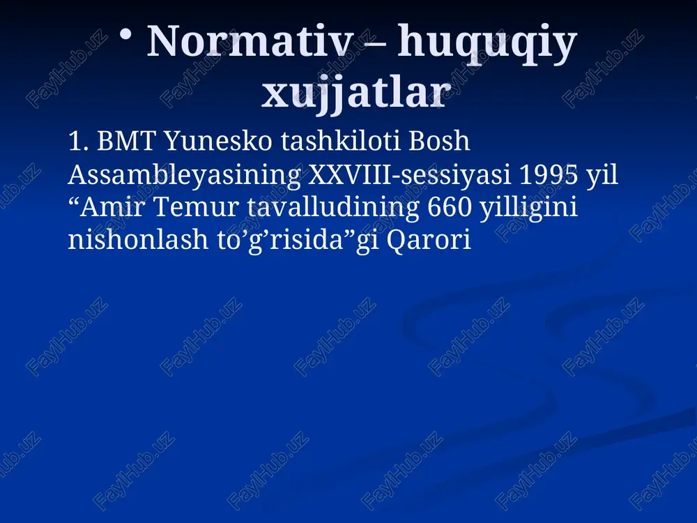 nda deb ataladi. butun musulmon sharqida shohi zinda majmuasiga teng keladigani yo’qdir. oqsaroy qurilishi 1380 yilda boshlangan bo’lsa, 1404 yil ispaniya elchisi klavixo kel- ganida ham pardozlash ishlari davom etar edi. klavixo o’z kundaliklarida oqsaroy haqida shunday yozgan edi: “mohir ustalari bo’lgan parijda ham bu binoni eng go’zal sanashlari turgan gap. ” mushafi usmon. muqaddas qur’oni karim kitobi. amir temur tomonidan samarqandga keltirilgan “usmon mushafi” haiqda turli hil manbalar bor. amir temur iroqni bosib olgach, qur’on qo’lyozmasini kufadan samarqandga olib kelgan deyishadi. hozirgi kunda “usmon mushafi” o’zbekiston musulmonlari idorasining kutubxonasida saqlanmoqda. ahmad yassaviy maqbarasi “madinada muhammad turkistonda qul ahmad” deb mashhur bo’lgan ahmad yassaviyga atab qurilgan maqbara ham amir temur nomi bilan bog’liq. ahmad yassaviy maqbarasi musulmon sharqidagi me’moriy yodgorliklar orasida eng noyobidir. doshqozon. ahmad yassaviy maqbarasi ahmad yassaviy maqbarasining 35 xonasi- dan biri “qozonli xona” yoki “halim xona” deb ataladi. chunki bu xonada halim pishirib tarqatiladigan ulkan birinj (bronza) …