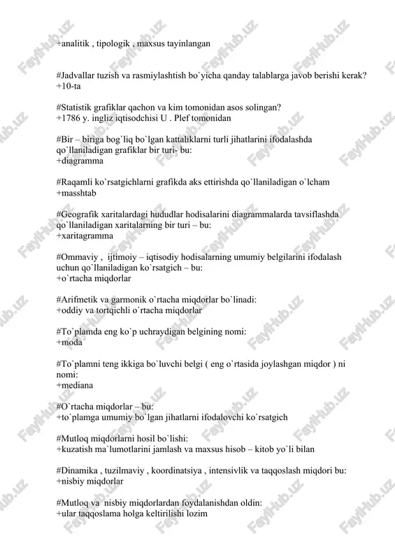 i birgalikda qo`llanilishi #qaysi makroiqtisodiy ko`rsatgichlarni aniqlashda tanlama kuzatish usulidan amaliyotda foydalaniladi? +yalpi mahsulotni tanlab kuzatishda #tanlama xatolar qanday kuzatishlarga xos hisoblanadi? +tanlama kuzatuvga #tanlamaning o`rtacha xatosi nimaga bog`liq bo`ladi? +tanlovning turi va o`tkazish sxemasiga #seriyali usulda bosh to`plamning qaysi jihatlariga e`tibor qaratiladi? +to`plamni bir butun guruhlari ( seriyalari ) ga #tabiat va jamiyatdagi barcha hodisa va jarayonlardagi bog`lanishlarning xarakteriga qarab qanday bog`lanishlarga bo`linadi? +funksional va korrelyatsion #qaysi bog`lanishlarni to`liq , aniq , “qattiq” bog`lanishlar deyiladi? +funksional #qaysi bog`lanish ijtimoiy – iqtisodiy faoliyatda kam uchraydi? +funksional #o`zaro bog`lanishlarda asosan qaysi usullardan foydalaniladi? +uchchalasidan ham #balans usuli qaysi bog`lanishda ko`proq uchraydi? +asosan yuqoridagi bog`lanishlar o`rtasida #o`zaro bog`lanishlarning oddiy yondosh ( parallel ) usulini qo`llanilishi: +muayyan davr ichida belgilar o`rtasidagi bog`lanishlarda #o`zgaruvchan belgilar o`rtasidagi o`zaro bog`lanishlarni tahlil qilishda korrelyatsiya nazariyasining qo`llanilishi nimadan boshlanadi? +korrelyatsion tahlil belgilarining regressiya tenglamasida ishtirok etish shaklini aniqlashdan #funksional bog`liqlik qaysi jarayonlarda namoyon bo`ladi? +har bir alohida sodir …
