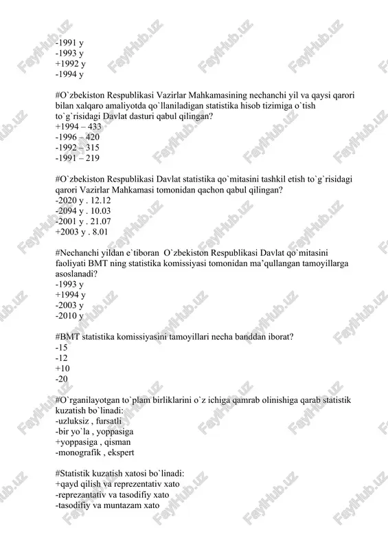 rilov -anxirsen -i . rleuf -j . pluis #statistikada jadvallarga nechanchi asrda asos solingan? +xviii -xvii -xvi -xix #jadvalda gap nima to`g`risida borayotgani jadvalning: -kesimi +egasi -maqsadi -vazifasi deyiladi #jadvallar ega xarakteriga qarab bo`linadi: -sanoqli , territorial , xronologik -oddiy , analitik , informatsion -maqsadiga ko`ra , jarayonlarni ifodalovchi , sanoqli +oddiy , guruhli , kombinatsion #jadvallar kesim xarakteriga ko`ra bo`linadi: -oddiy , kombinatsion jadvallarga +oddiy , kombinatsion , guruhlash maqsadi , analitik , maxsus tayinlangan -oddiy , gruppali , informatsion tavsifli , tipologik -tipologik , maxsus tayinlangan , information #jadvallar guruhlash maqsadi bo`yicha qanday guruhlarga bo`linadi? -oddiy , guruhli , kombinatsion +analitik , tipologik , maxsus tayinlangan -oddiy , information , gruppali -tipologik , information , kombinatsion #jadvallar tuzish va rasmiylashtish bo`yicha qanday talablarga javob berishi kerak? -8-ta -6-ta -4-ta +10-ta #statistik grafiklar qachon va kim tomonidan asos solingan? +1786 y. ingliz iqtisodchisi u . plef tomonidan -1727 y …