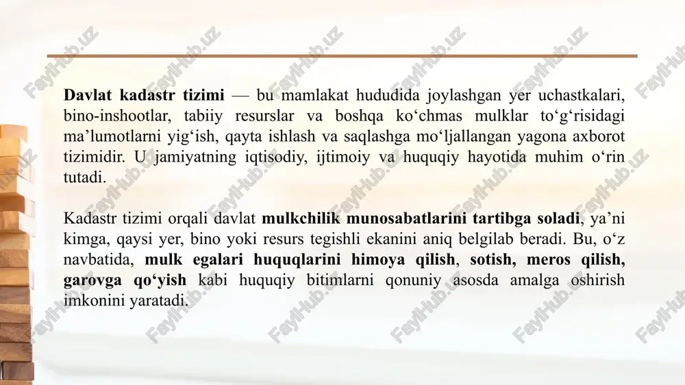 uchun ma’lum texnik va tajribaviy asos yaratgan. mustaqillikdan so‘ng o‘zbekiston aynan shu tajriba negizida, lekin bozor iqtisodiyoti tamoyillari asosida yangi, raqamlashtirilgan va ochiq davlat kadastr tizimini shakllantirdi. davlat kadastr tizimi — har bir mamlakatning iqtisodiy, huquqiy va ijtimoiy boshqaruvida muhim o‘rin tutuvchi axborot tizimidir. u yer, bino-inshootlar, tabiiy resurslar va boshqa ko‘chmas mulklar to‘g‘risidagi ma’lumotlarni tizimli ravishda yig‘ish, saqlash hamda yangilab borish orqali davlat boshqaruvi va mulkchilik munosabatlarini tartibga soladi. kadastr tizimi insoniyat tarixining dastlabki bosqichlaridayoq shakllanib, qadimgi misr, bobil va rim davrlarida yer solig‘ini belgilash va mulklarni hisobga olish maqsadida qo‘llanilgan. o‘rta asrlarda esa kadastr ishlari feodal yer egaligini nazorat qilish vositasi sifatida ishlatilgan bo‘lsa, yevropada bu tizim asta-sekin huquqiy, iqtisodiy va ma’muriy ahamiyat kasb eta boshlagan. sovet davrida yer hisobini yuritish tizimi faqat davlat mulkini nazorat qilishga yo‘naltirilgan bo‘lib, kadastr ishlari markazlashgan reyestr shaklida olib borilgan. mustaqillikdan so‘ng esa o‘zbekiston o‘z milliy davlat kadastr tizimini yaratish yo‘lida katta …