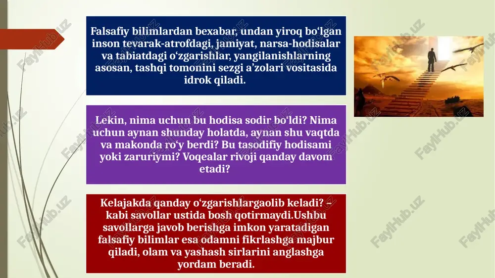 asoslarini egallash ko‘zda tutilgan. grek mutafakkiri geraklit (eramizdan avvalgi 520-460 yillarda yashagan) shogirdlariga murojaat qilib, «do‘stim, sen hal i yoshsan, umringni bekor o‘tkazmay desang, falsafani o‘rgan», deganda aynan ana shu haqiqatni nazarda tutgan. boshqa bir buyuk grek faylasufi epikur (eramizdan avvalgi 470-399 yillarda yashagan) bu haqiqatni quydagicha ifoda etgan: «o‘z-o‘zingni yerga urish, tubanlashish nodonlikdan boshqa narsa emas, o‘zligingdan yuqori turish esa – faylasuflikdir». «falsafa» va «faylasuf» atamalarining talqini abu nasr farobiy falsafa – «hikmatni qadrlash» deb talqin qilgan. faylasuf – birinchi vujud tangri, u nuqsonsizdir. boshqa vujudlar tangridan yaralganligi uchun ular nuqsonlidirlar. hikmatni sevuvchilar va unga amal qiluvchilar faylasuflar. forobiy barcha mavjudotni 6 darajaga boʻladi: birinchisi, vujudi vojib — alloh; qolgan 5 tasi — aql, jon, shakl, materiya, osmon — vujudi mumkin. bu darajalar bir-biri bilan sabab-natija shaklida bogʻlangan, birinchisi oʻz sababiga ega emas. falsafiy fikrlar rivojlanishining davriy tizimi falsafa va uning baxs mavzulari falsafa tarixi ontologiya gnoseologiya metodologiya ijtimoiy …