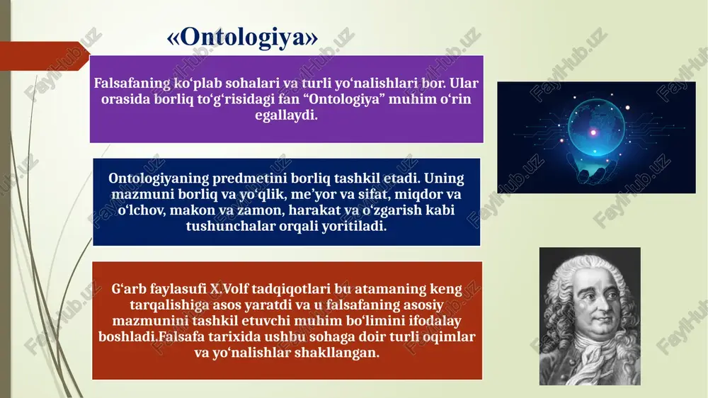 ir-birlari bilan chambarchas bog‘liqdir. odamlar jamoasi jamiyatni tashkil etadi. odamlar jamiyatdagi o‘zaro munosabatlari, faoliyatlari, o‘y-hayollari, ideallari, maqsad va maslaklari bilan birgalikda ijtimoiy olamni tashkil etishadi. ijtimoiy borliq moddiy hayot jamiyat insonlararo munosabatlar moddiy ne’matlar ishlab chiqarish kundalik hayot jamoaviy faoliyat inson amaliyoti borliq va yoʼqlik dialektikasi borliq va yoʼqlik oʼrtasida dialektik oʼzaro aloqa mavjud. yoʼqlik borliqni inkor etadi va narsa, jism, hodisa, ong oʼzligini yoʼqotgan holatda «yoʼqlik» atamasi ishlatiladi. oʼtgan zamondagi borliq yoʼqlikdir. borliq doim hozirgi zamonda mavjud boʼladi. faqat hozirgi zamonda oʼzini namoyon qiladi. borliq falsafiy kategoriya sifatida dunyoni uning butun rang-barangligi va turli-tumannamoyon boʼlish shakllari bilan yaxlit aks ettirish imkonini beradi. borliq shakllari moddiy borliq insondan, uning ongidan tashqarida obʼektiv reallik sifatida mavjud boʼlgan narsalar, hodisalar,jarayonlardan iborat manaviy borliq faqat inson, uning ongi bilan bogʼliq subʼektiv reallik sifatida mavjud boʼlgan fikrlar, gʼoyalar,qarashlar fazo va vaqt, makon va zamon. borliqning asosiy yashash shakllariga makon va zamon, ya’ni fazo va …