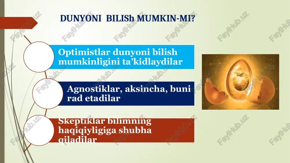 rdon narsalarni xis qilishlar birgalikda ongimizda olma obrazida assotsiatsiyalashadi. xissiy bilishning idrokdan keyingi bosqichi tasavvurdir. u sezishdan ham, idrok qilishdan ham sifat jihatdan farq qiladi. tasavvur – bu xissiy idrok bilan tushuncha o'rtasidagi oraliq bosqichdir. sezish va idrok qilishdan farqli o'laroq, tasavvur endi sub'ekt bilan ob'ektning bevosita o'zaro ta'siri bo'lib chiqmaydi. tasavvurlar sezgi va idroklar kabi yorqin va aniq emas, ammo ular ancha uzoq vaqt davom etadi va barqarordir. tasavvurlar yordamida biz allaqachon bo'lib o'tgan voqealar manzarasini ongimizda tiklay olamiz. bundan tashqari, tasavvur bizga ilgari idrok etilganlar asosida kelajak manzarasini ifodalab berishga imkon beradi. insonning kelajak obrazini tasvirlab va tuzib berish layoqati farazdan boshqa narsa emas. ratsional bilish agar biz sezgilar vositasida hodisalar olamini aks ettirsak, sezgi bilan idrok etib bo'lmaydigan mohiyatni aql bilan bilib olamiz. aql bizning sezgi a'zolarimiz tashqi olamdan olgan axborotlarga asoslanib, hodisalar mohiyatini xiralashtiruvchi va yashiruvchi tashqi, tasodifiy holatlardan abstraktlashib hodisalar dunyosini tashqi, nomuhim xususiyatlar va …