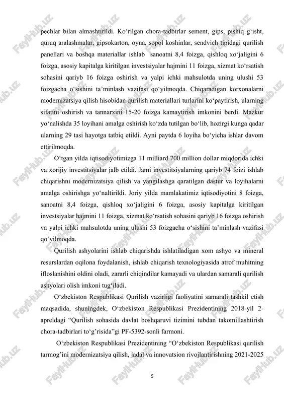ridagi loyiha boshqaruvi milliy agentligi va “o‘zbekiston respublikasi prezidenti huzuridagi loyiha boshqaruvi milliy agentligi qoshidagi akkreditatsiya markazi” dukning arxitektura-shaharsozlik hujjatlarini ishlab chiqish bo‘yicha faoliyatni litsenziyalash, qurilish loyihalarini ekspertizadan o‘tkazuvchi yuridik shaxslarni akkreditatsiya qilish bo‘yicha vakolatlari o‘zbekiston respublikasi qurilish vazirligiga o‘tkazilganligi ma’lumot uchun qabul qilinsin. o‘zbekiston respublikasi prezidentining “qurilish-montaj ishlari sifatini tubdan yaxshilash va qurilishni nazorat qilish tizimini takomillashtirish choralari to‘g’risida” 2020-yil 5-fevraldagi pq-4586-son qarori ijrosini ta’minlash maqsadida vazirlar mahkamasi qaror qiladi. maqsad: tekist yuzali asbeste sement listlarni xo‘l usulda ishlab chiqarish texnologiyasi bilan tanishish. vazifalari: 1. foydalanilgan adabiyotlar tasnifi. 2. xo‘l usulda ishlab chiqarish texnologik sxemasini ko‘rib chiqish. 3. xo‘l usulda tekist yuzali asbeste sement listlarni ishlab chiqarish texnologik sxemasi bayoni. 4. tekist yuzali asbeste sement listlarni xususiyatlari xaqida ma’lumot. 5. xavfsizlik, yong’in-xavfsizligi uchun chora tadbirlar. 6. xulosa. tekis yuzali asbest sement listlar 3 hil asosiy komponentdan olinadi: 1) asbest; 2) tsement; 3) suv. xom-ashyo aralashmasi quruq holatda 85% sement …