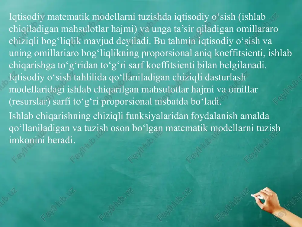 iyalarning quyidagi oltita ob’ektiv xususiyatlari tanlab olinadi. 1. har bir kd, ueu va uchk funksiyalari ikkita o‘zgaruvchi; mehnat va asosiy fondlarga bog‘liqdir. 2. uchala fuksiyalarning shunday varintlari borki omillarning ishlab chiqarishning ko‘paytirishga qatnashishlarining umumiy ko‘rsatkichlari va birga teng bo‘ladi. 3.uchala funksiyalarning shunday variantlari borki omillarning ishlab chiqarishni ko‘paytirishga qatnashishlarining umumiy ko‘rsatkichlari birga teng bo‘lmaydi. 4.uchala funksiyalar uchun omillarning o‘zaro almashuvi biron-bir omil nolga aylanguncha davom etishi mumkin. 5.omillar sarfiga nisbatan ishlab chiqarishning elastikli kd funksiya uchun o‘zgarmasdir, ueu va uchk funksiyalari uchun o‘zgaruvchidir. 6.o‘zaro almashuvning elastikligi kd funksiya uchun o‘zgarmas va birga teng bo‘ladi, ueu funksiya uchun o‘zgarmas va birga teng bo‘lmaydi, uchk funksiya uchun o‘zgaruvchandir. nazorat uchun savollar: 1. iqtisodiy o‘sishning statistik tahlili nima? 2. iqtisodiy o‘sish omillari qanday turlarga bo‘linadi? 3. bir omilli iqtisodiy o‘sishni qanday tushunasiz? 4. ko‘p omilli iqtisodiy o‘sishga ta’rif bering. 5. bir va ko‘p ko‘rsatkichli bog‘liqliklarni o‘zaro farqi qanday? 6. ko‘p ko‘rsatkichli va ko‘p …
